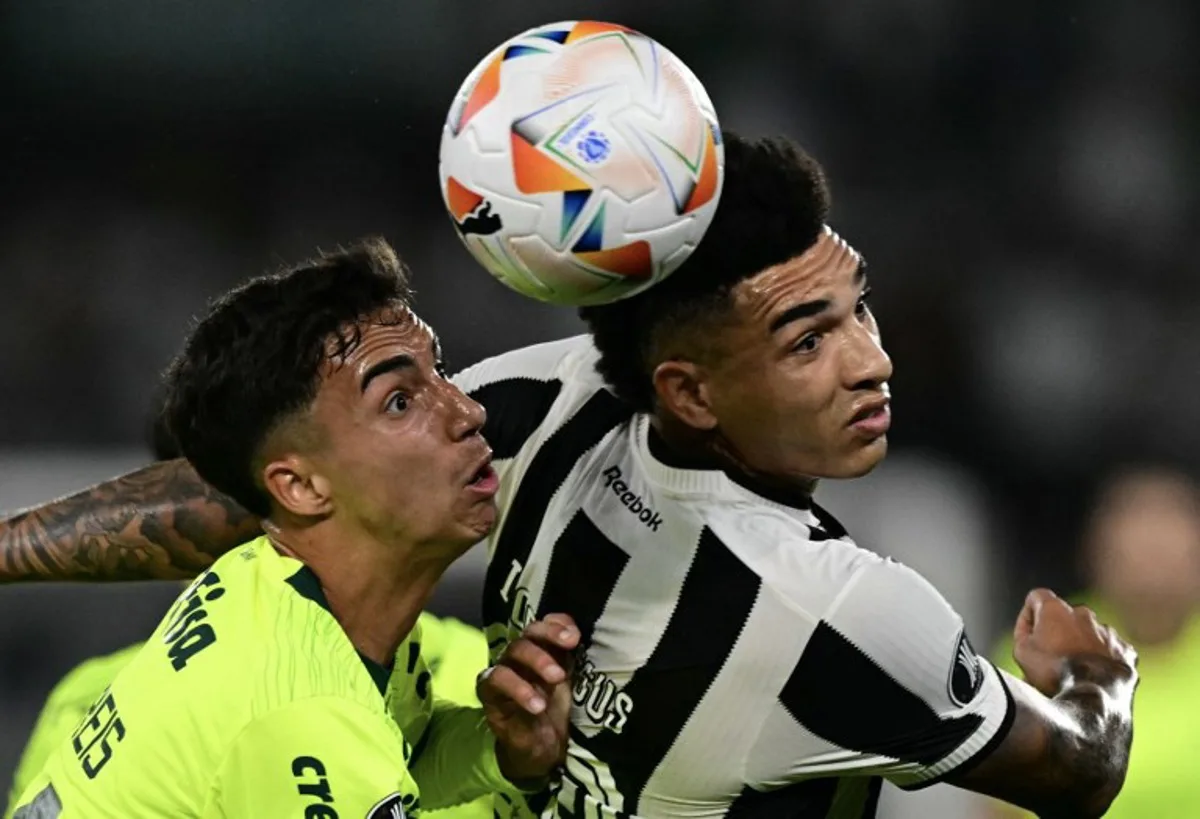 Palmeiras' defender Vitor Reis (L) and Botafogo's forward Igor Jesus fight for the ball during the Copa Libertadores round of 16 first leg all-Brazilian football match between Botafogo and Palmeiras at the Olimpico Nilton Santos stadium in Rio de Janeiro, Brazil, on August 14, 2024.  Pablo PORCIUNCULA / AFP