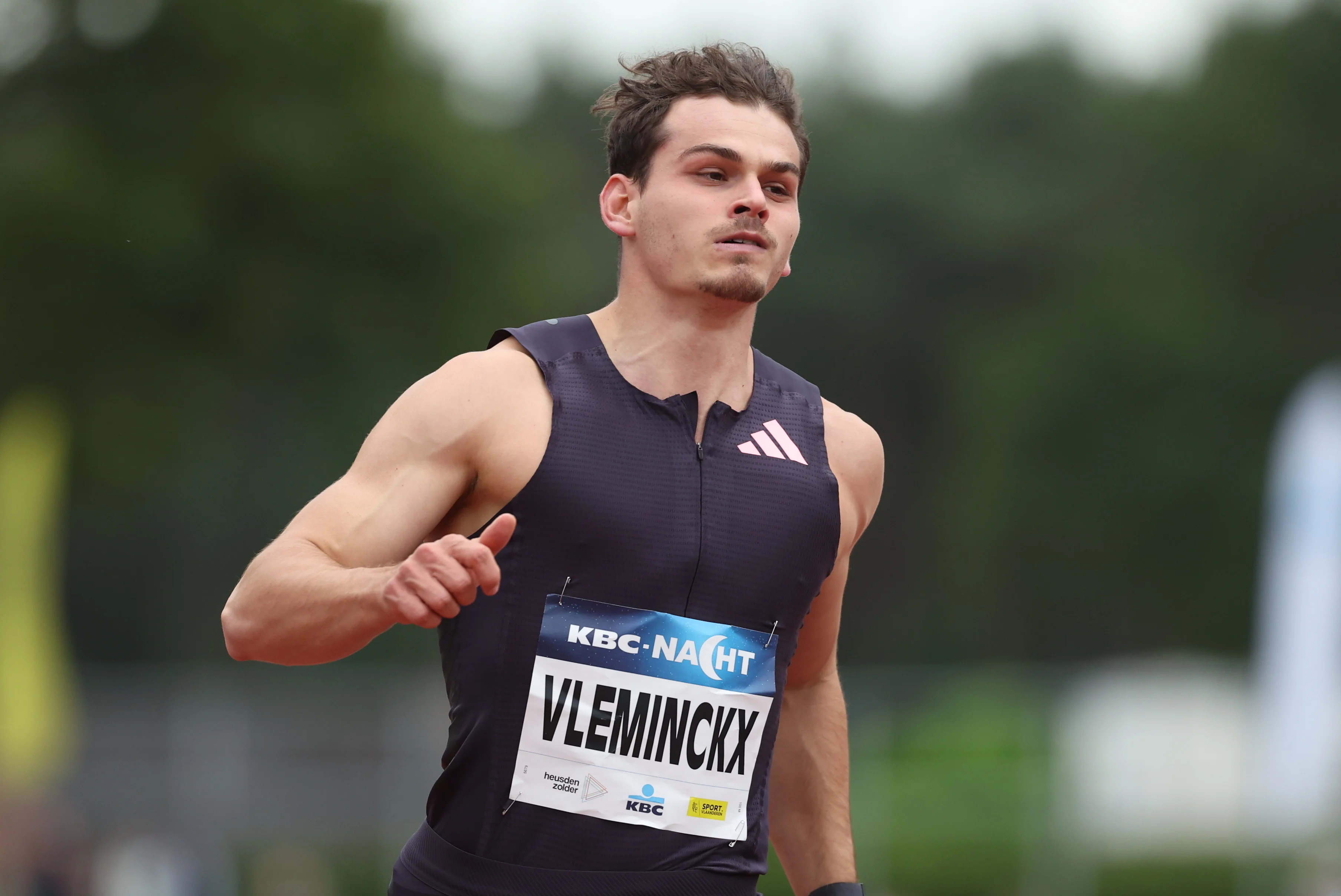 Belgian Kobe Vleminckx pictured in action during the 100m race, at the 'Nacht van de Atletiek' athletics meeting in Heusden-Zolder, Saturday 15 June 2024.  BELGA PHOTO VIRGINIE LEFOUR