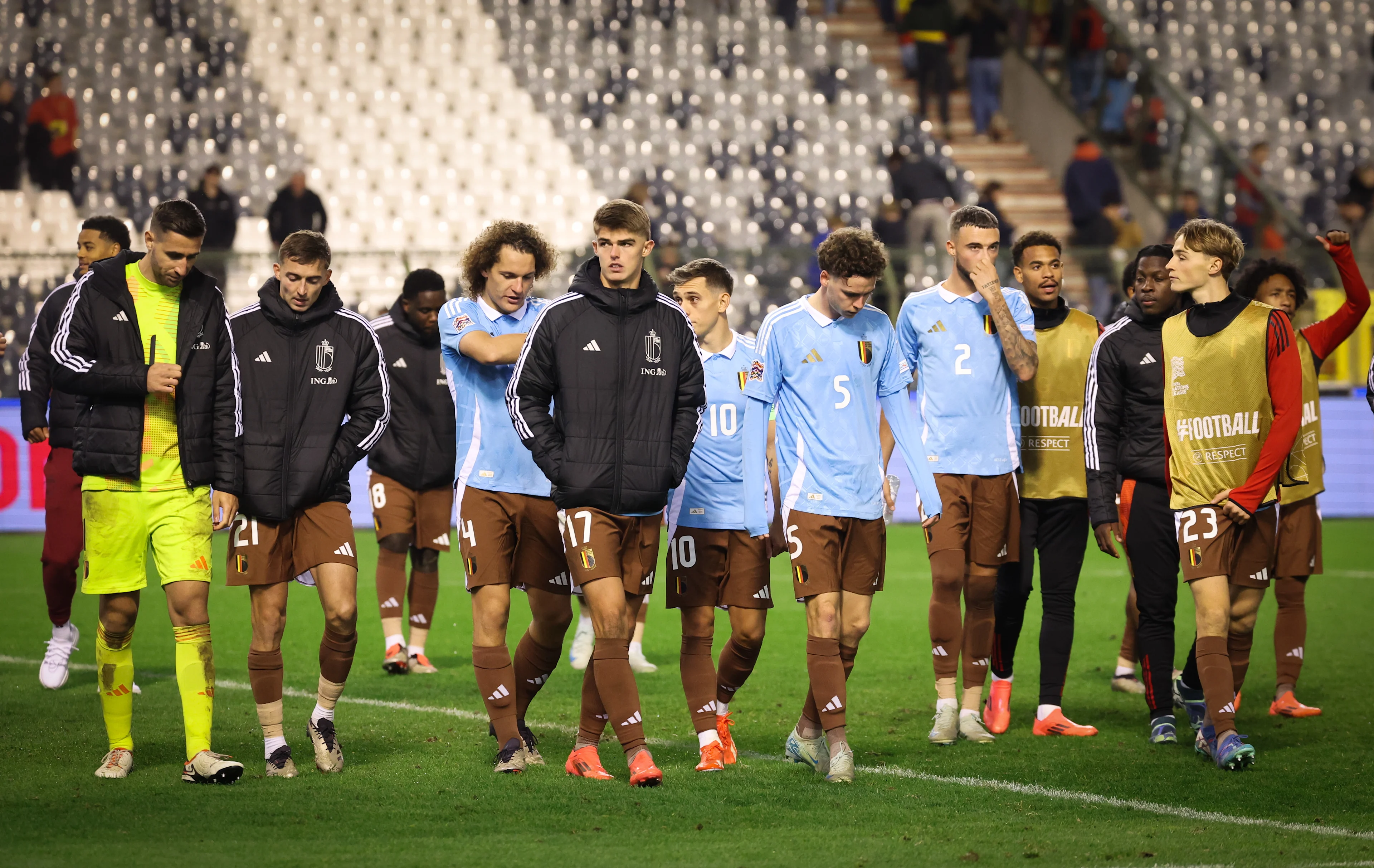 Belgium's players look dejected after losing a soccer game between Belgian national soccer team Red Devils and France, match 4 (out of 6) in the League A Group 2 of the UEFA Nations League 2025 competition, Monday 14 October 2024 in Brussels. BELGA PHOTO VIRGINIE LEFOUR