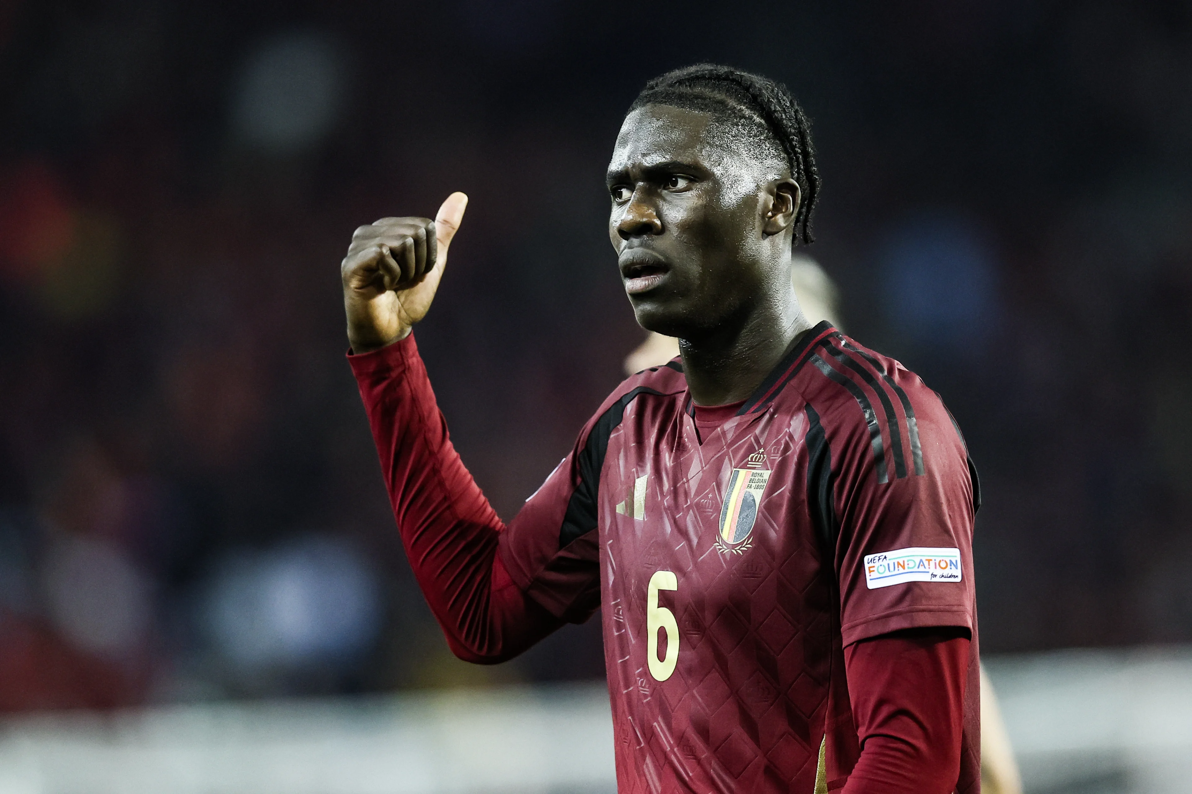 Belgium's Amadou Onana pictured during a soccer game between Belgian national soccer team Red Devils and Italy, match 5 (out of 6) in the League A Group 2 of the UEFA Nations League 2025 competition, Thursday 14 November 2024 in Brussels. BELGA PHOTO BRUNO FAHY