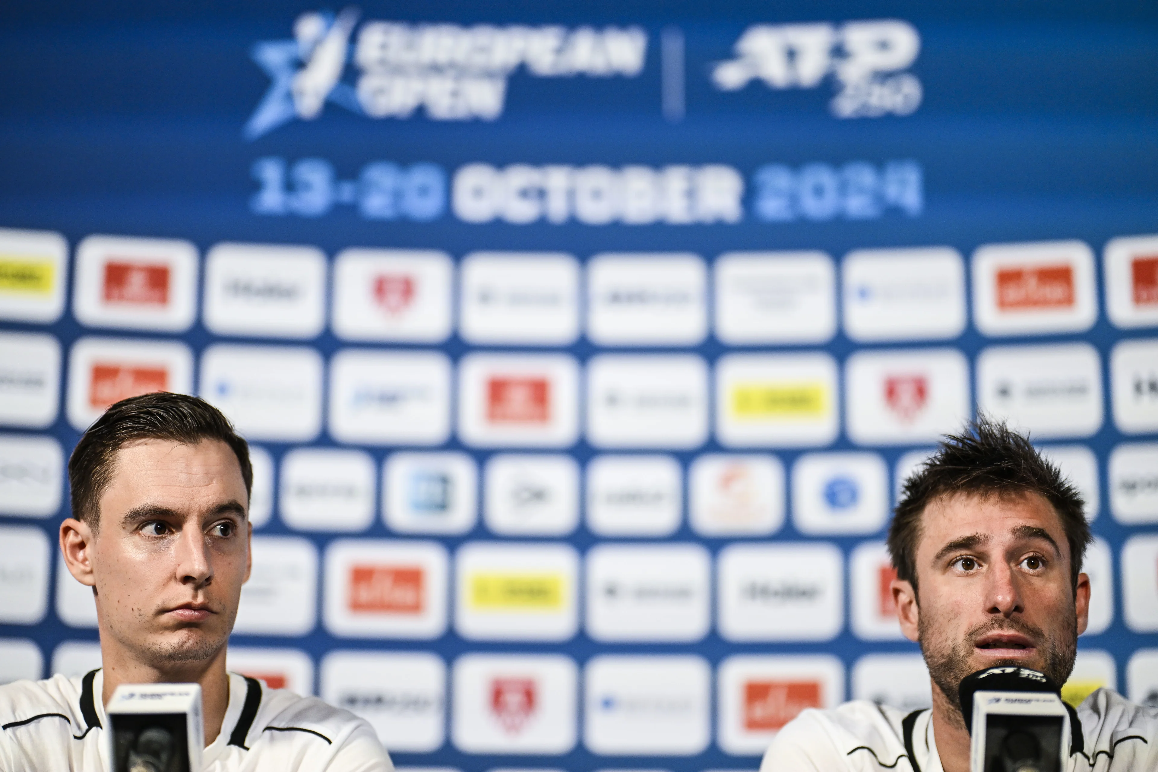 Belgian Joran Vliegen and Belgian Sander Gille pictured at a press conference after a tennis match in the quarter final of the doubles competition at the ATP European Open Tennis tournament in Antwerp, Thursday 17 October 2024. BELGA PHOTO TOM GOYVAERTS