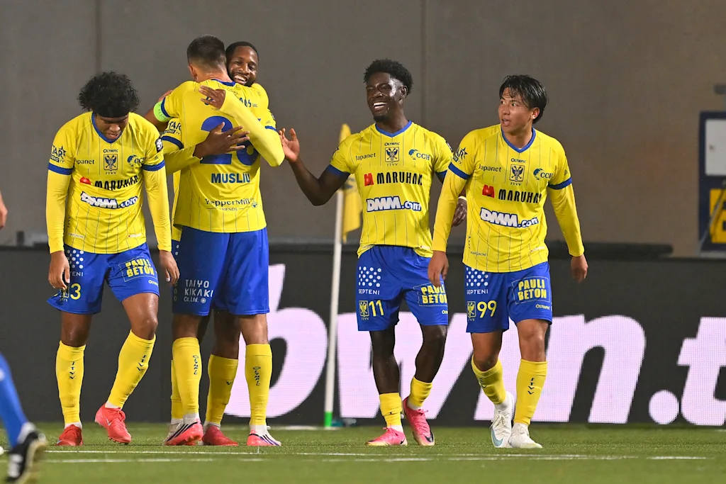 STVV's Abdoulaye Sissako and STVV's Nathanael Mbuku celebrate after scoring during a soccer match between Sint-Truidense VV, Sunday 18 October 2026 in Sint-Truiden, in the 1/16 final of the Croky Cup Belgian cup competition. BELGA PHOTO JOHAN EYCKENS