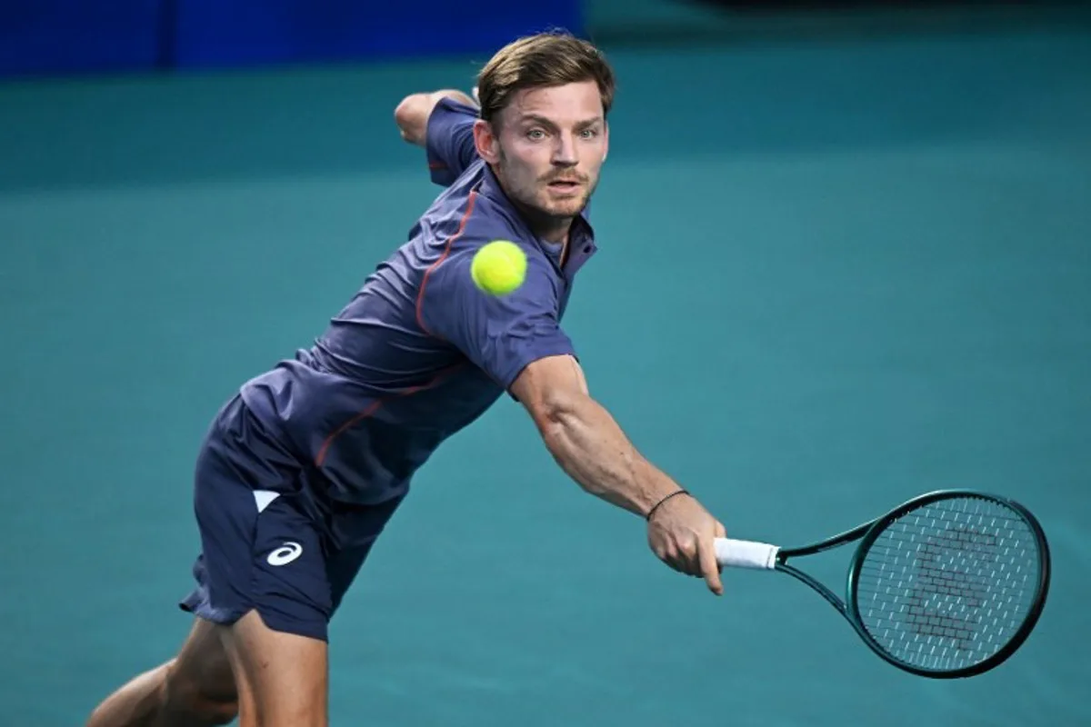 Belgium's David Goffin returns the ball to USA's Brandon Nakashima during their 2025 Mexico ATP Open 500 men´s singles tennis match at the Arena GNP Seguros in Acapulco, Guerrero State, Mexico on February 27, 2025.  CARL DE SOUZA / AFP