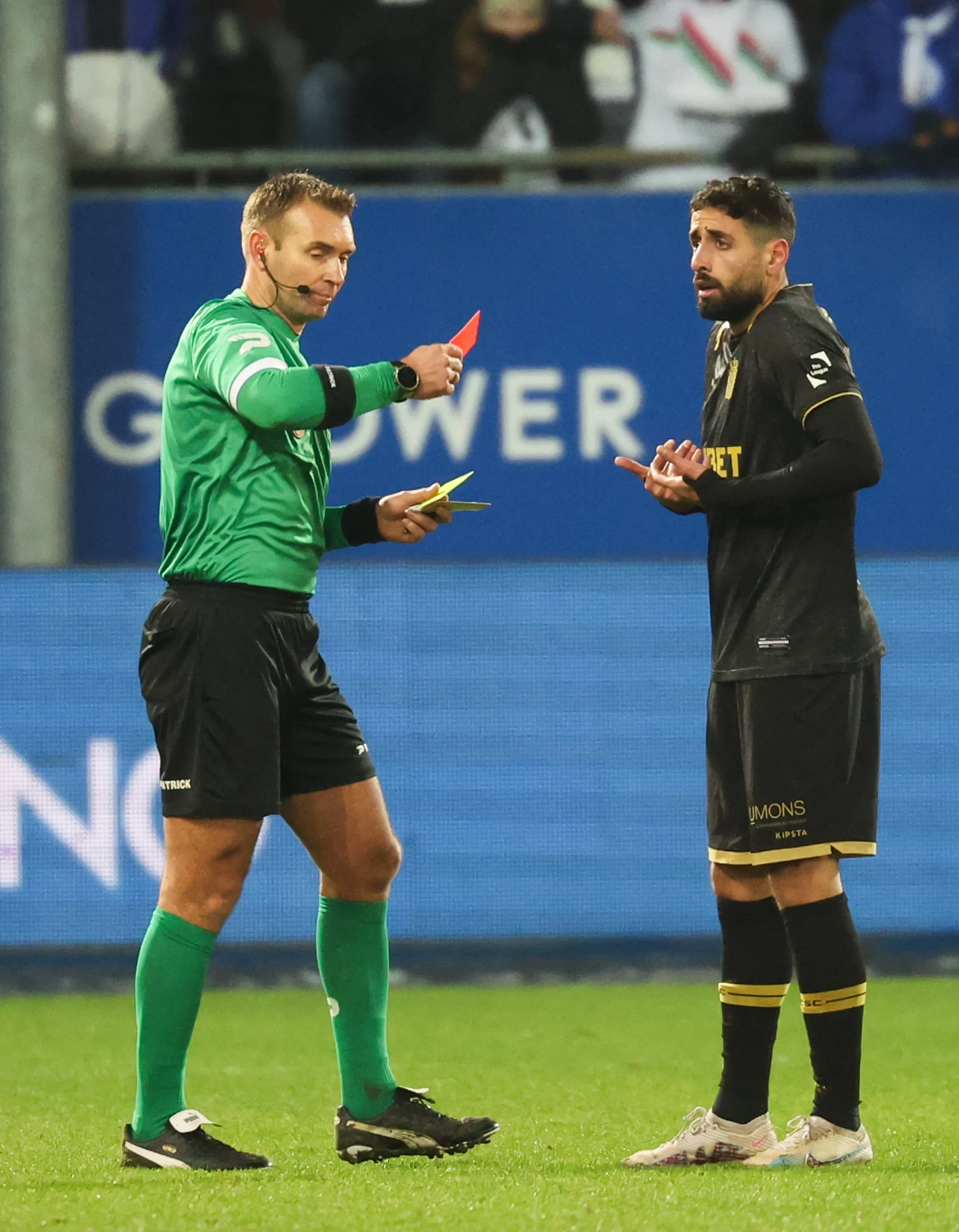 Charleroi's Oday Dabbagh receives a red card from and referee Nicolas Laforge during a soccer match between Oud-Heverlee Leuven and Sporting Charleroi, Saturday 14 December 2024 in Leuven, on day 18 of the 2024-2025 season of the 'Jupiler Pro League' first division of the Belgian championship. BELGA PHOTO VIRGINIE LEFOUR