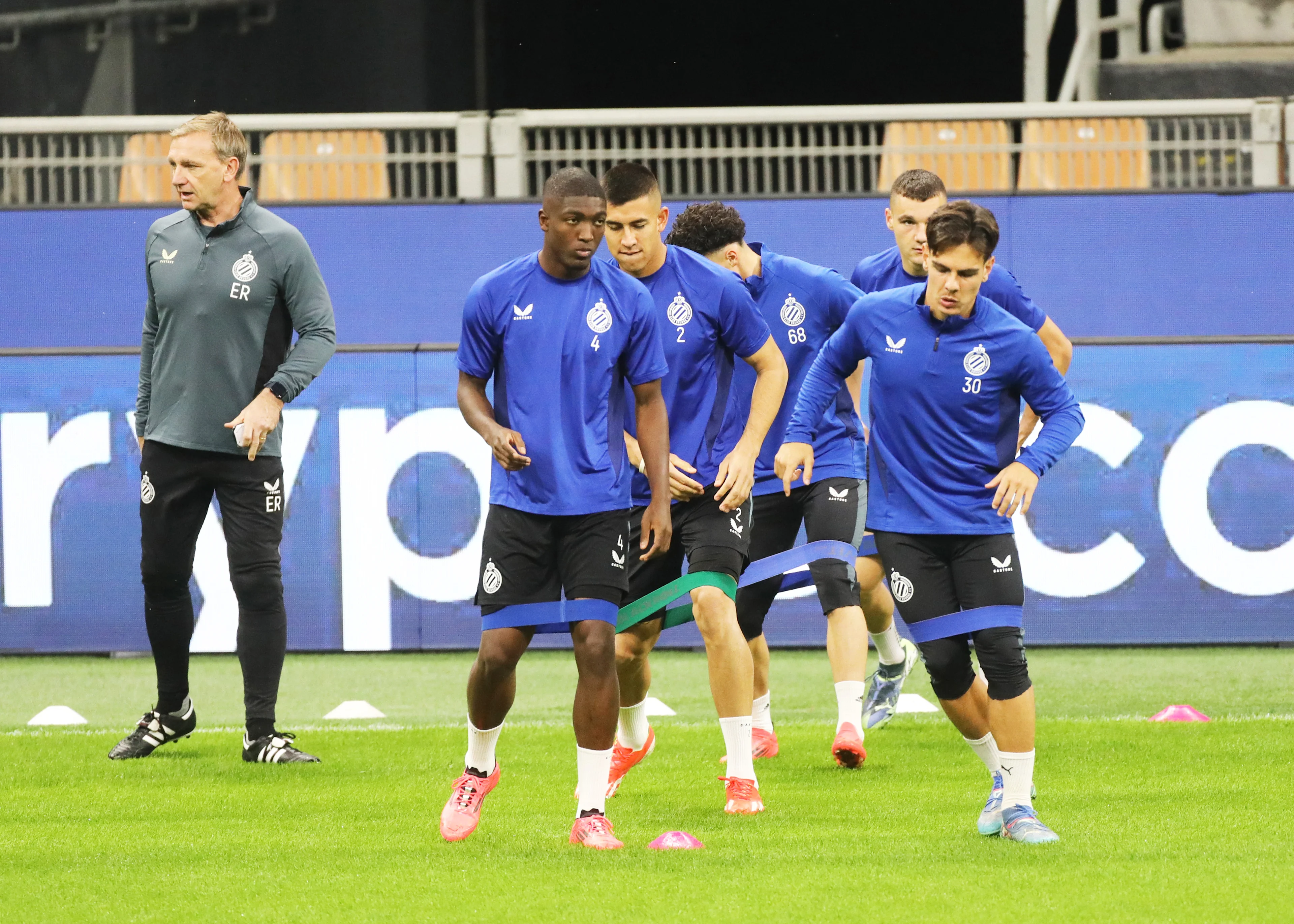 Club's Joel Ordonez, Club's Zaid Romero and Club's Ardon Jashari pictured in action during a training session of Belgian soccer team Club Brugge KV, Monday 21 October 2024 in Milan, Italy. The team is preparing for tomorrow's game against Italian club AC Milan, on the third day of the UEFA Champions League league phase. BELGA PHOTO ALBERTO MARIANI