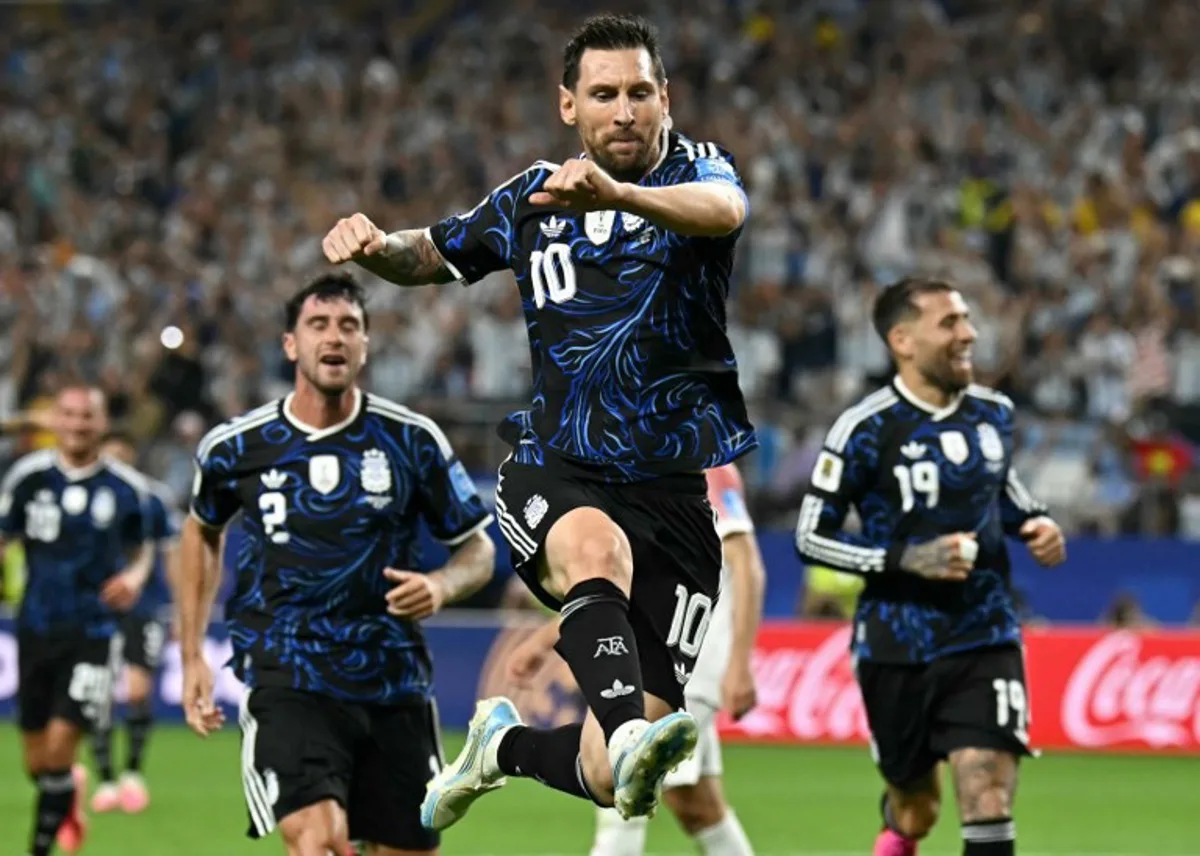 Argentina's forward #10 Lionel Messi celebrates scoring his team's third goal during the 2026 World Cup Group J football match between Jordan and Argentina at the Dallas Stadium in Arlington on June 27, 2026.   Paul ELLIS / AFP