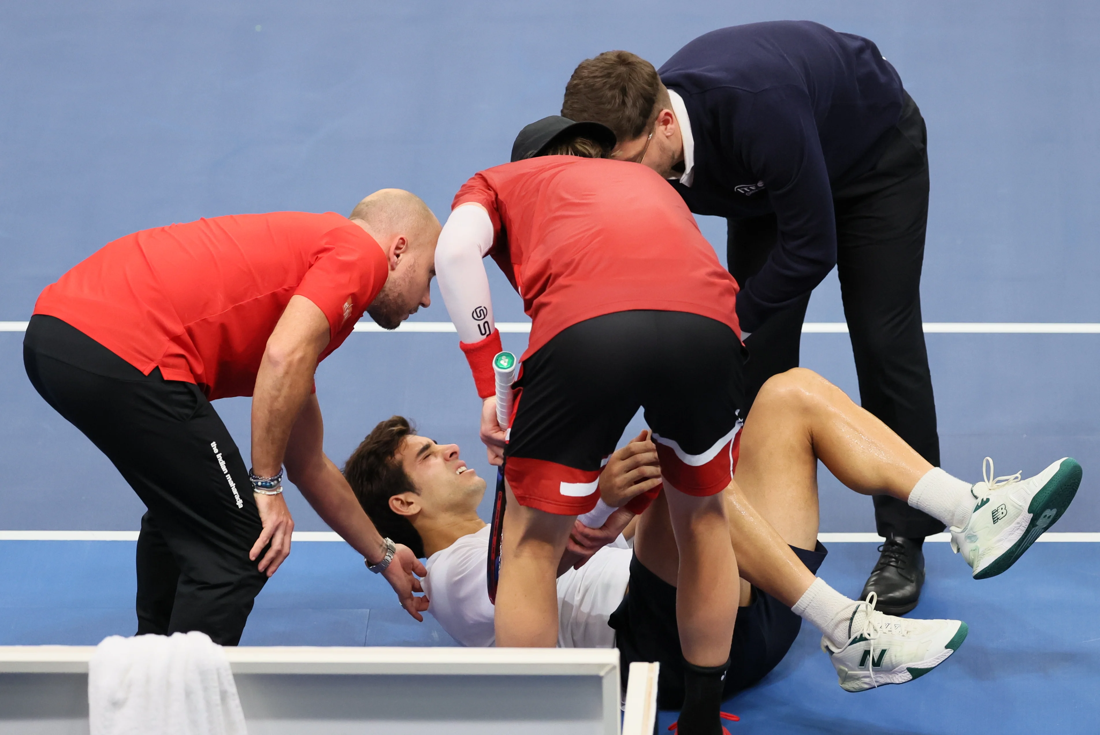 Chilean Cristian Garin and Belgian Zizou Bergs pictured during a game between Belgian Bergs and Chilean Garin, the fourth match in the Davis Cup qualifiers World Group tennis meeting between Belgium and Chile, , in Hasselt. BELGA PHOTO BENOIT DOPPAGNE