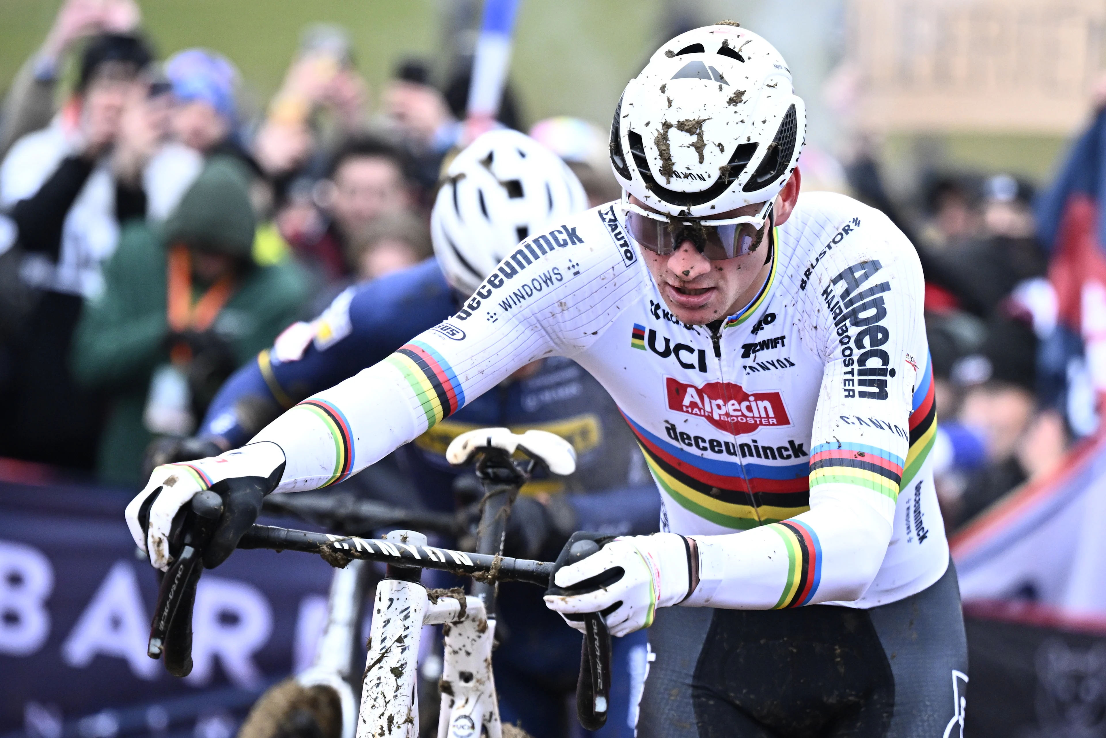 Dutch Mathieu Van Der Poel pictured in action during the men's elite race at the Cyclocross World Cup cyclocross event in Besancon, France, , the eighth stage (out of 12) in the World Cup of the 2023-2024 season. BELGA PHOTO JASPER JACOBS