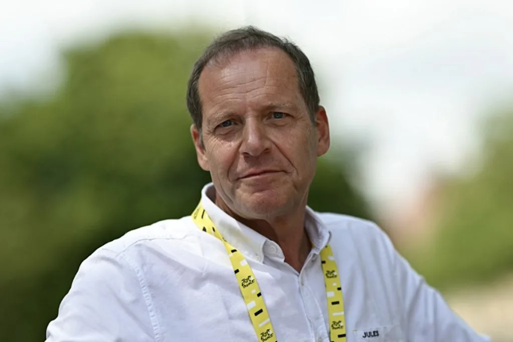 General director of the Tour de France Christian Prudhomme awaits the start of the 13th stage of the 113th edition of the Tour de France cycling race, 205,8 km between Dole and Belfort in eastern France, on July 17, 2026.  Loic VENANCE / AFP