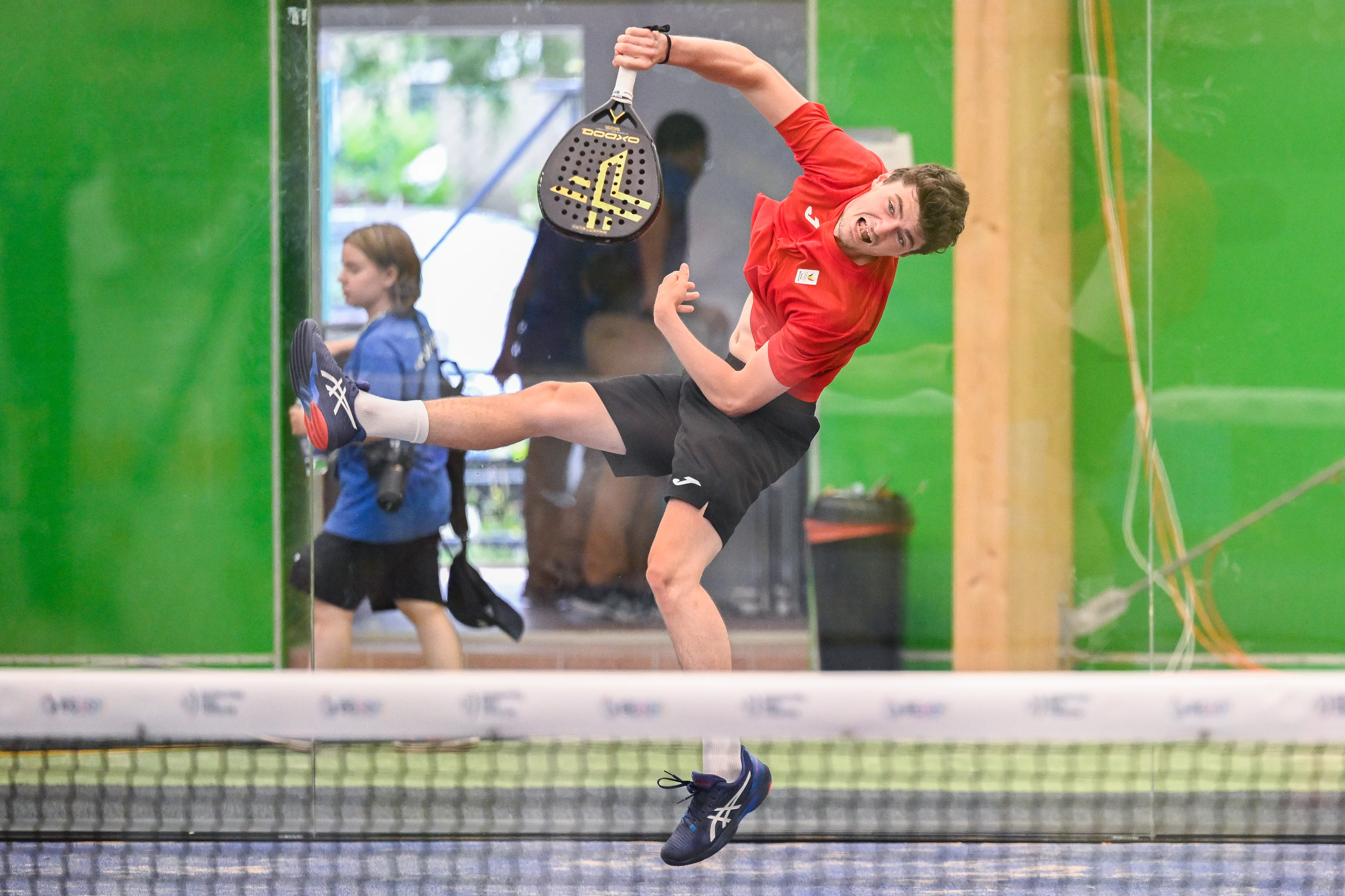 Padel player Maxime Deloyer pictured in action during a men doubles first round game in the padel competition between Belgian pair Deloyer-Coene and Czech pair Venos-Stepanek at the European Games, in Krakow, Poland, Wednesday 21 June 2023. The 3rd European Games, informally known as Krakow-Malopolska 2023, is a scheduled international sporting event that will be held from 21 June to 02 July 2023 in Krakow and Malopolska, Poland. BELGA PHOTO LAURIE DIEFFEMBACQ