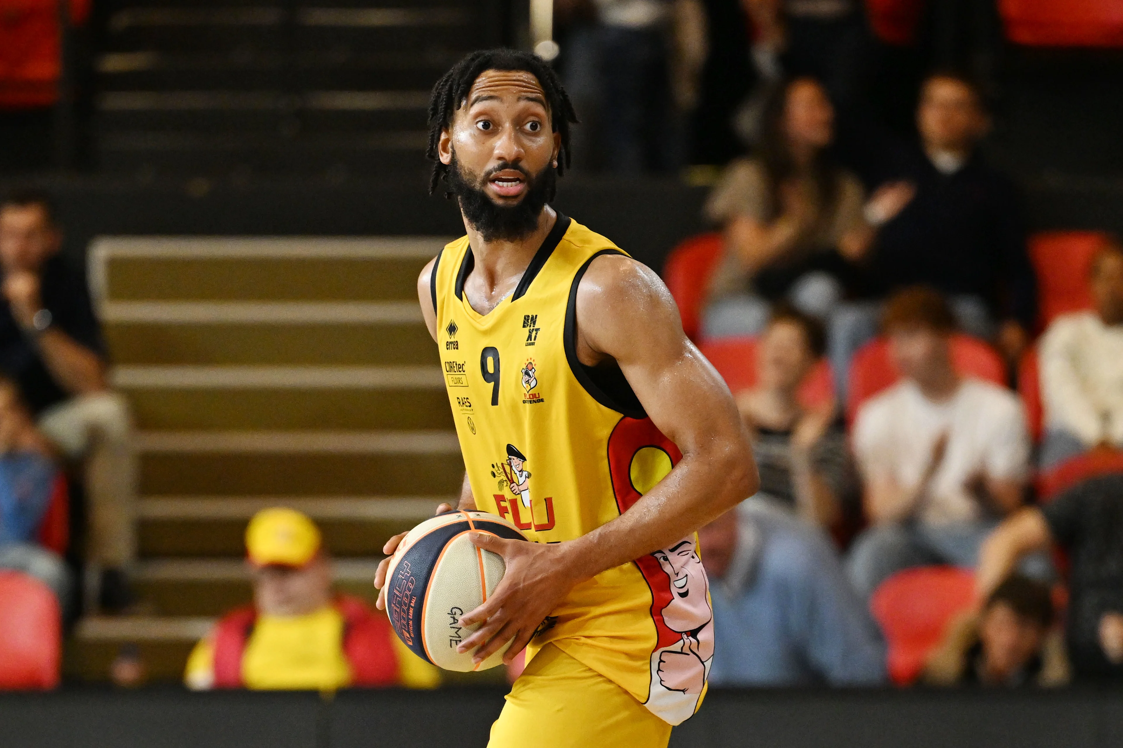 Oostende's Davion Mintz pictured in action during a basketball match between BC Oostende and Spirou Charleroi, Saturday 14 September 2024 in Oostende, on day 1 of the 'BNXT League' Belgian/ Dutch first division basket championship. BELGA PHOTO MAARTEN STRAETEMANS