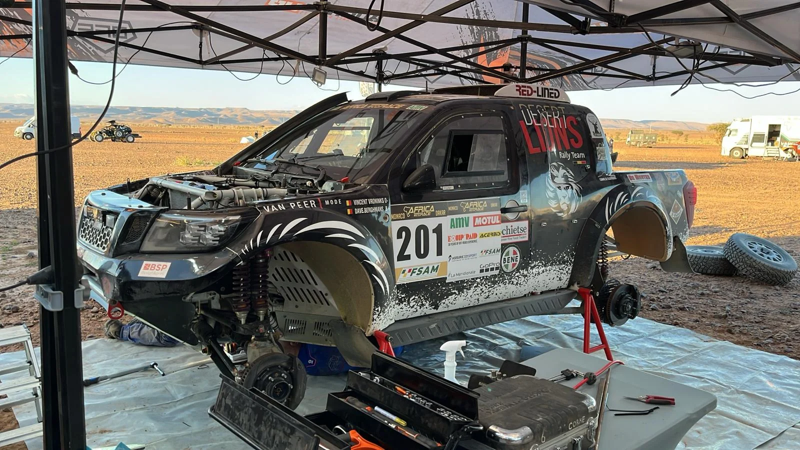 ATTENTION EDITORS - HAND OUT PICTURES - EDITORIAL USE ONLY - MANDATORY CREDIT: VINCENT VRONINKS  Hand out pictures released on Wednesday 01 January 2025, by Eric Dupain shows The Toyota Hilux of Vincent Vroninks and Dave Berghmans pictured at the Tagounite bivouac during stage 1 of the Africa Eco Race.  *** Belga and Belga Editorial Board decline all responsibility regarding the content of this picture. *** BELGA PHOTO HAND OUT VINCENT VRONINKS