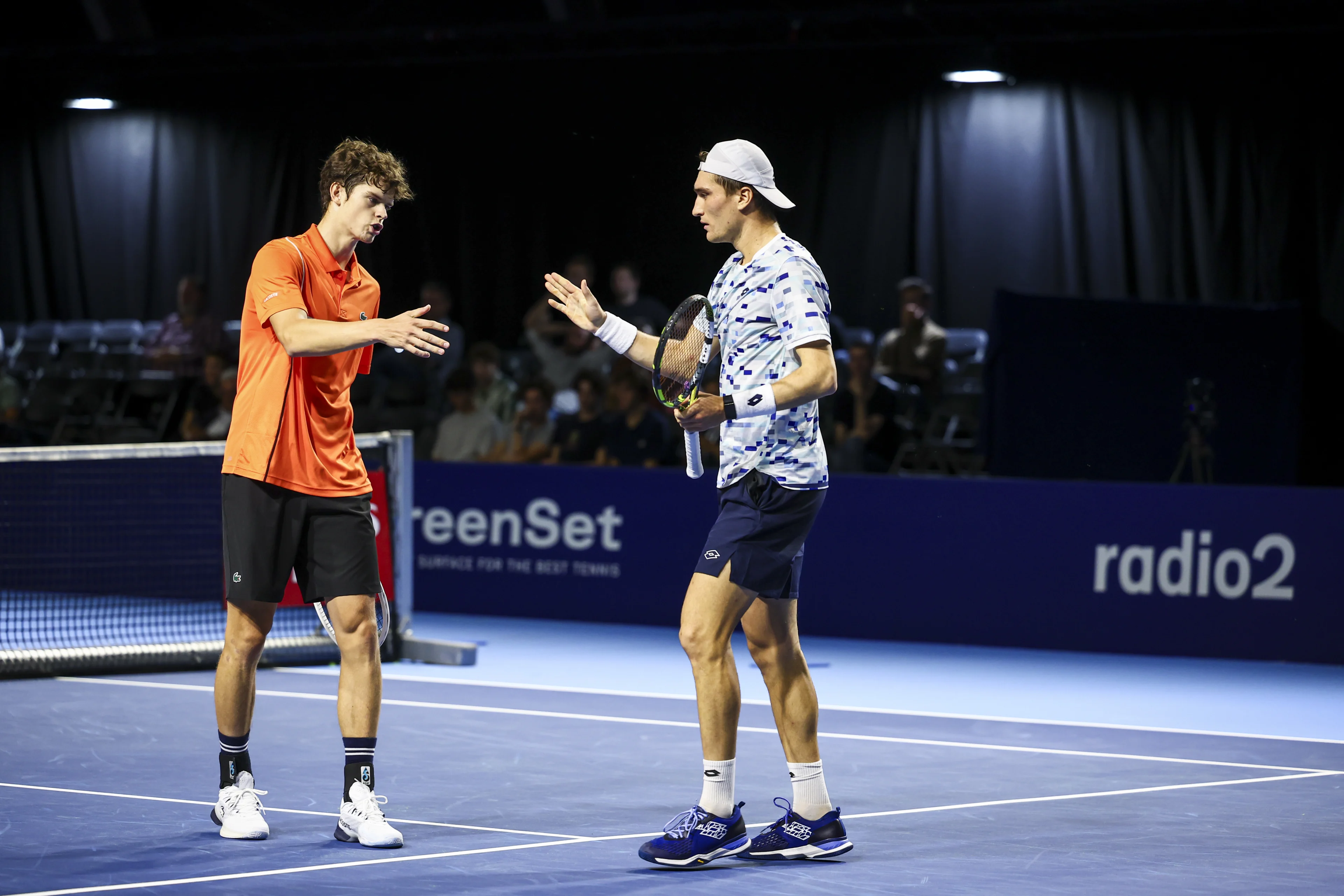 Belgian Alexander Blockx and Belgian Raphael Collignon pictured during a tennis match in the round of 16 of the doubles competition at the ATP European Open Tennis tournament in Antwerp, Wednesday 16 October 2024. BELGA PHOTO DAVID PINTENS