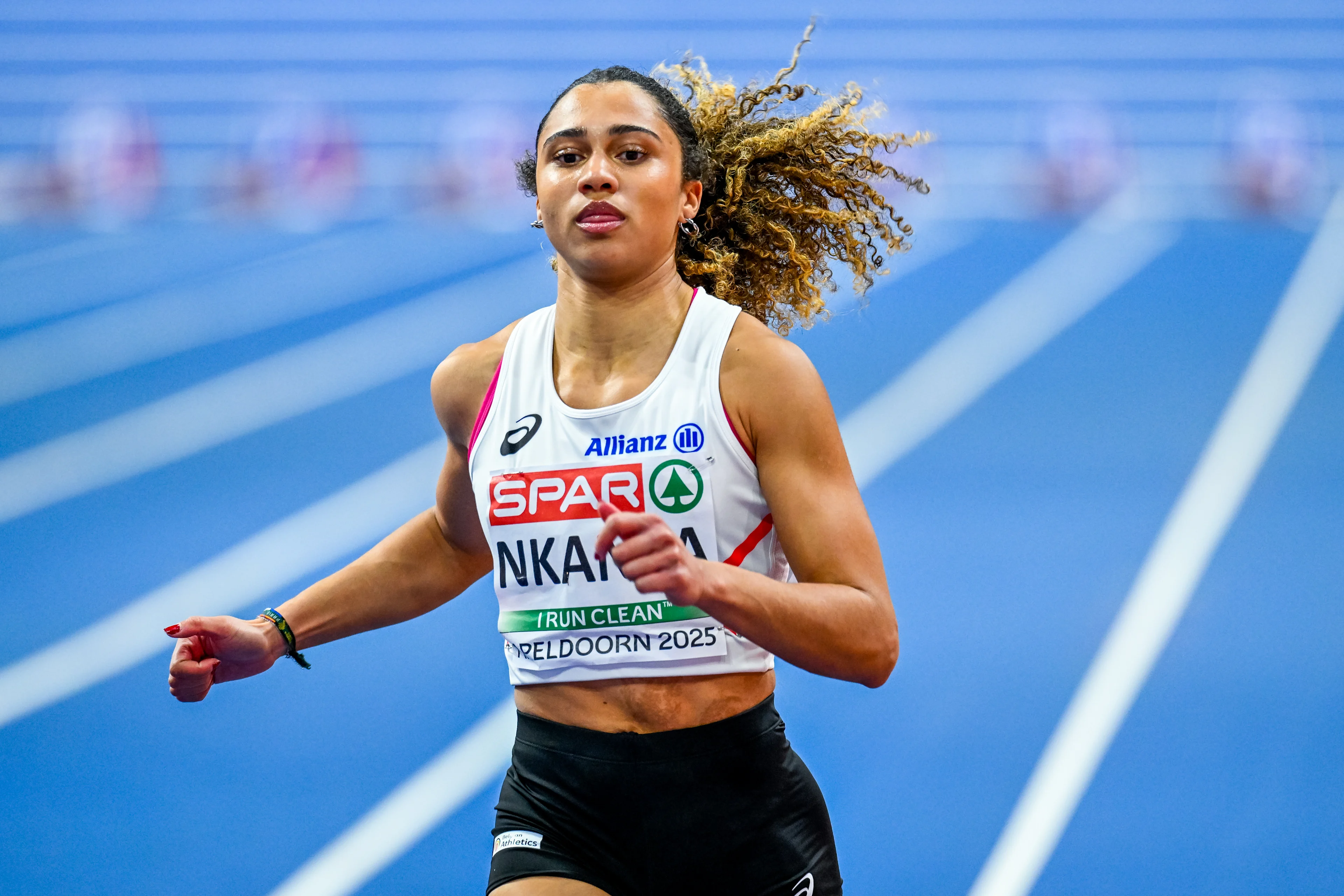 Belgian Delphine Nkansa pictured in action during the women's 60m sprint, at the European Athletics Indoor Championships, in Apeldoorn, The Netherlands, Sunday 09 March 2025. The championships take place from 6 to 9 March. BELGA PHOTO ERIC LALMAND