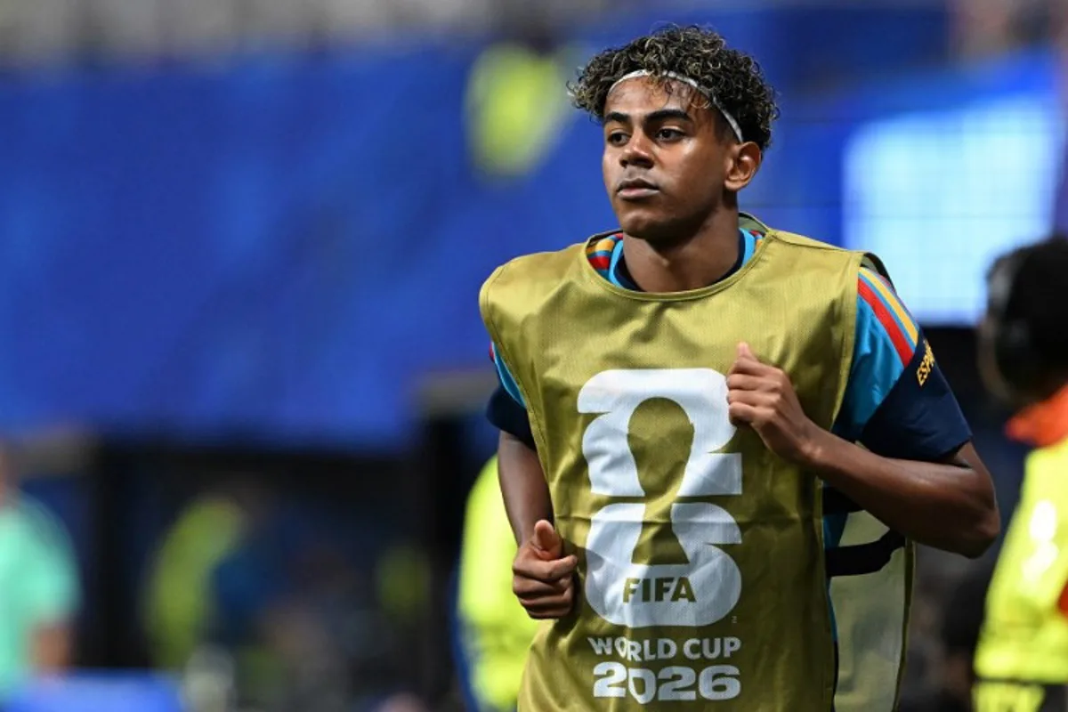 Spain's forward #19 Lamine Yamal warms up during the 2026 World Cup Group H football match between Spain and Cape Verde at the Atlanta Stadium in Atlanta on June 15, 2026. Roberto SCHMIDT / AFP