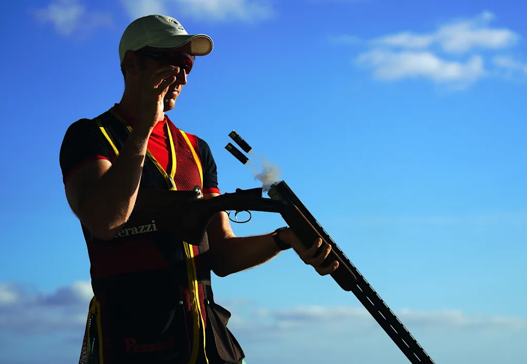 Belgian clay shooting athlete Yannick Peeters pictured in action during the BOIC-COIB Belgian Olympic Committee sports camp, Tuesday 14 November 2017, in Lanzarote, Spain. BELGA PHOTO ERIC LALMAND