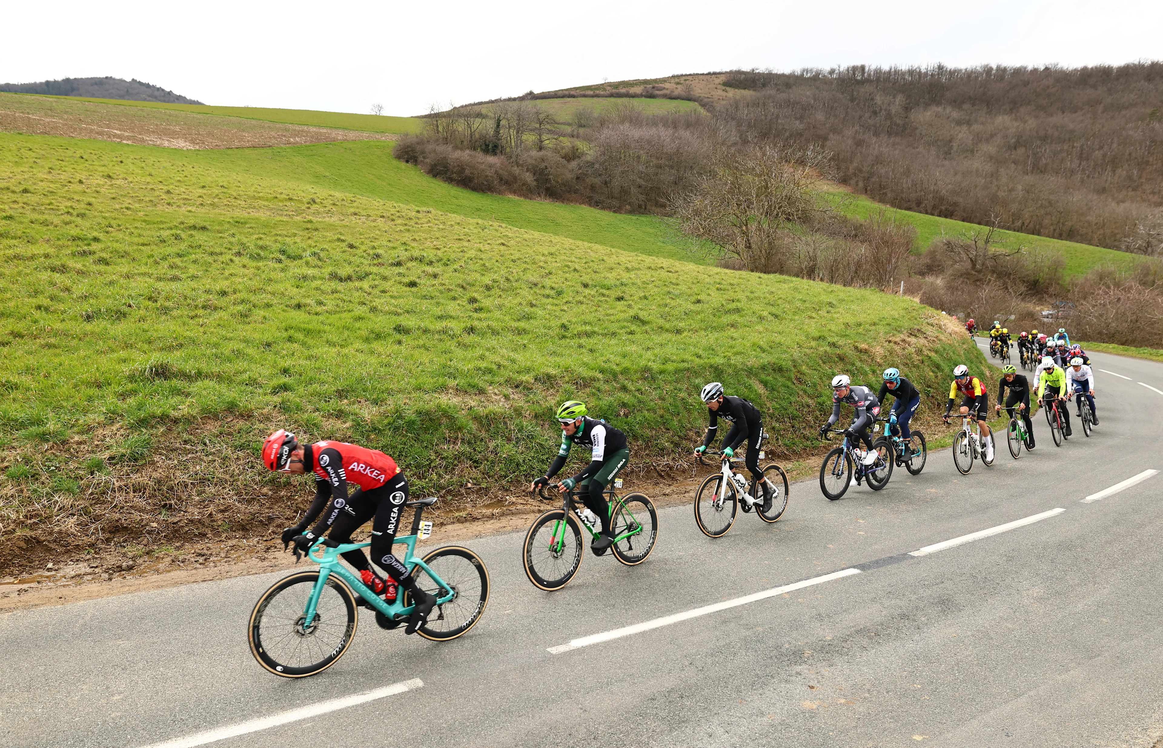Australian Miles Scotson of Arkea-BB Hotels, Spanish Joel Nicolau of Caja Rural-Seguros RGA and Uruguayan Thomas Silva of Caja Rural-Seguros RGA pictured in action during stage five of the 83th edition of the Paris-Nice cycling race, 196,5 km from Saint-Just-en-Chevalet to La Cote-Saint-Andre, France, Thursday 13 March 2025. BELGA PHOTO DAVID PINTENS