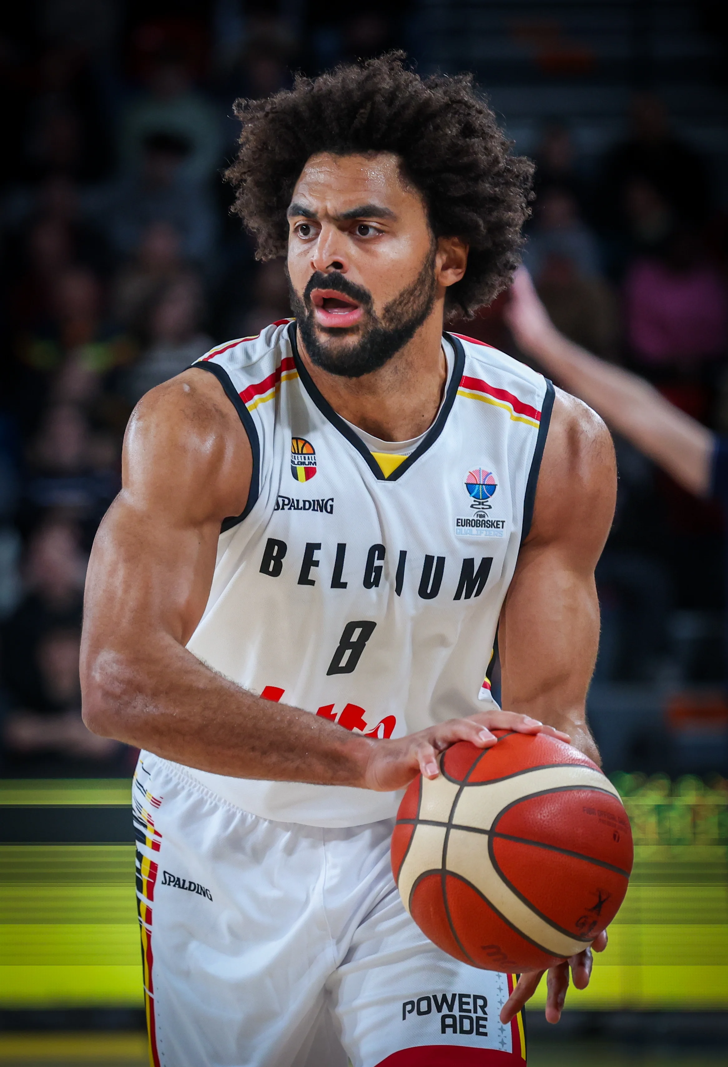 Belgium's Jean-Marc Mwema pictured in action during a basketball match between Belgium's national team Belgian Lions and Slovakia, Thursday 20 February 2025 in Charleroi, game 5/6 in the group stage of the qualifications for the Eurobasket 2025 European championships. BELGA PHOTO VIRGINIE LEFOUR