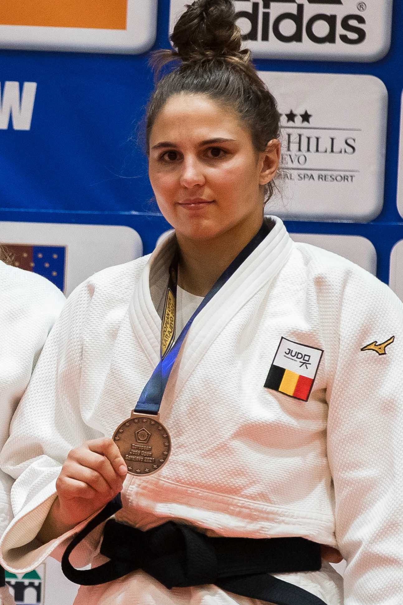 Belgian Maxine Heyns celebrates with the bronze medal of the women's -70kg series at the European Judo Open in Sarajevo, Bosnia and Herzegovina, Sunday 19 September 2021. BELGA PHOTO NIKOLA KRSTIC