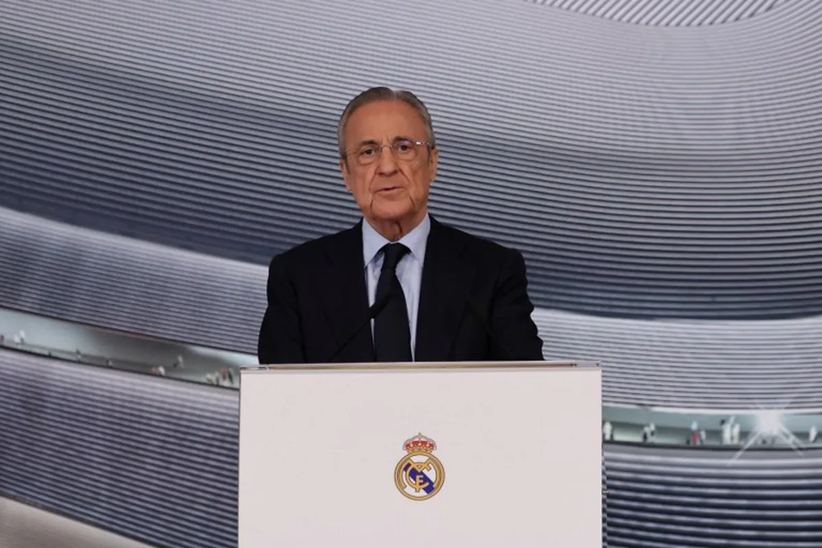 Real Madrid´s President Florentino Perez talks during a press conference upon the end of the year at Real Madrid sport city in Valdebebas, outside Madrid, on December 20, 2024.  Thomas COEX / AFP