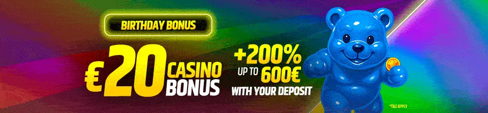 We give you a £20 casino bonus and 200% up to £600 on your deposit.