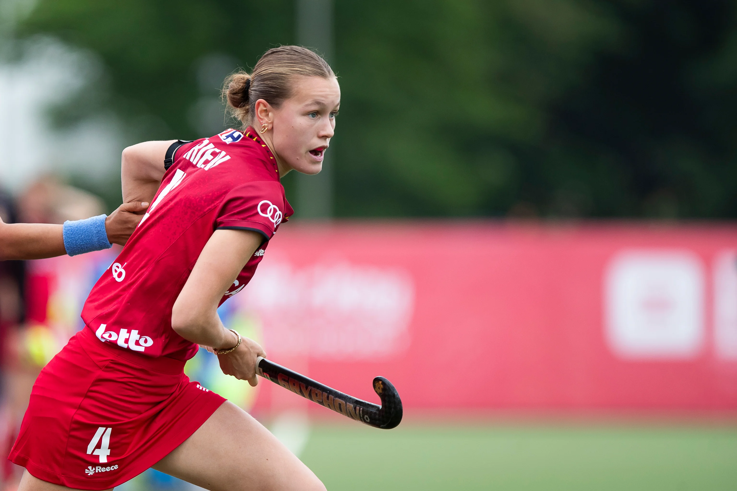 Belgium's Delphine Marien pictured during a hockey game between Belgian national team Red Panthers and India, match 7/16 in the group stage of the 2024 Women's FIH Pro League, Saturday 25 May 2024, in Antwerp. BELGA PHOTO KRISTOF VAN ACCOM