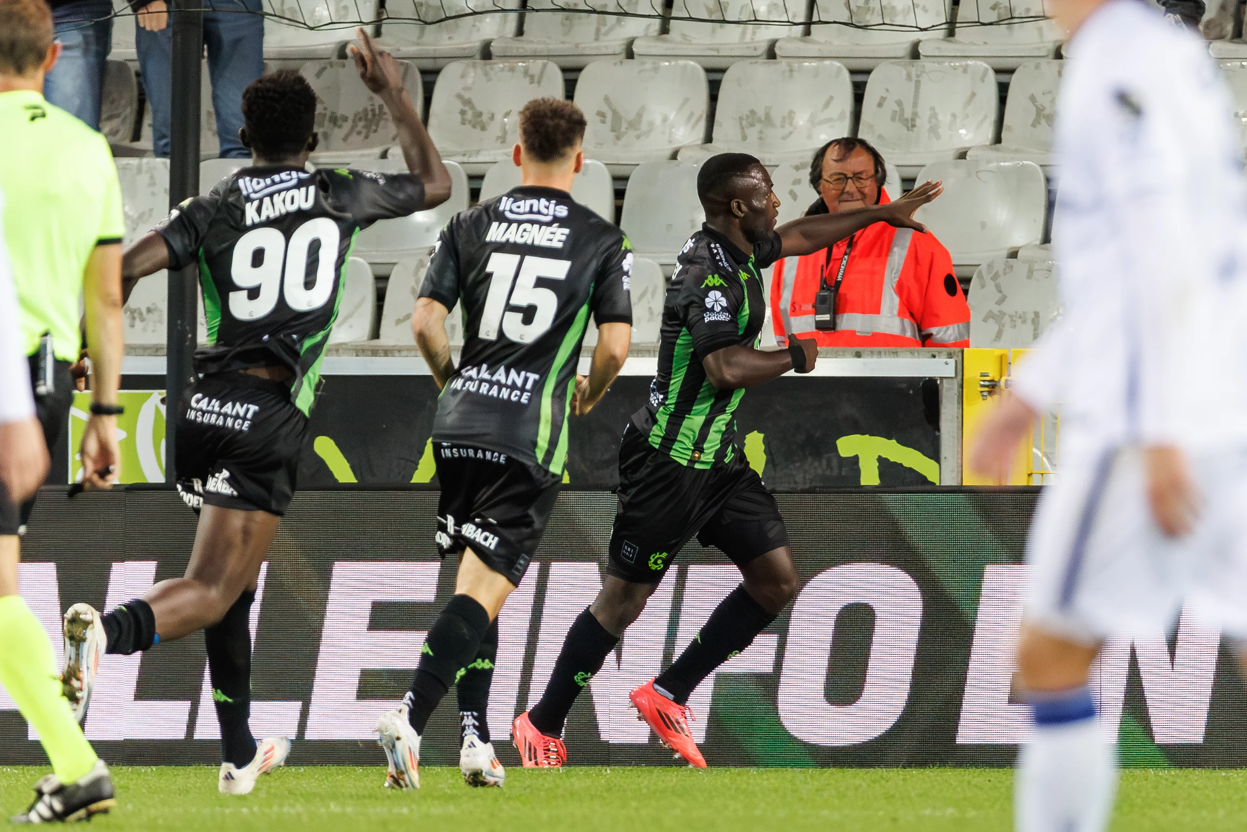 Cercle's Kevin Denkey celebrates after scoring during a soccer match between Cercle Brugge KV and KAA Gent, Thursday 26 September 2024 in Brugge, a postponed game of day 5 of the 2024-2025 season of the 'Jupiler Pro League' first division of the Belgian championship. BELGA PHOTO KURT DESPLENTER