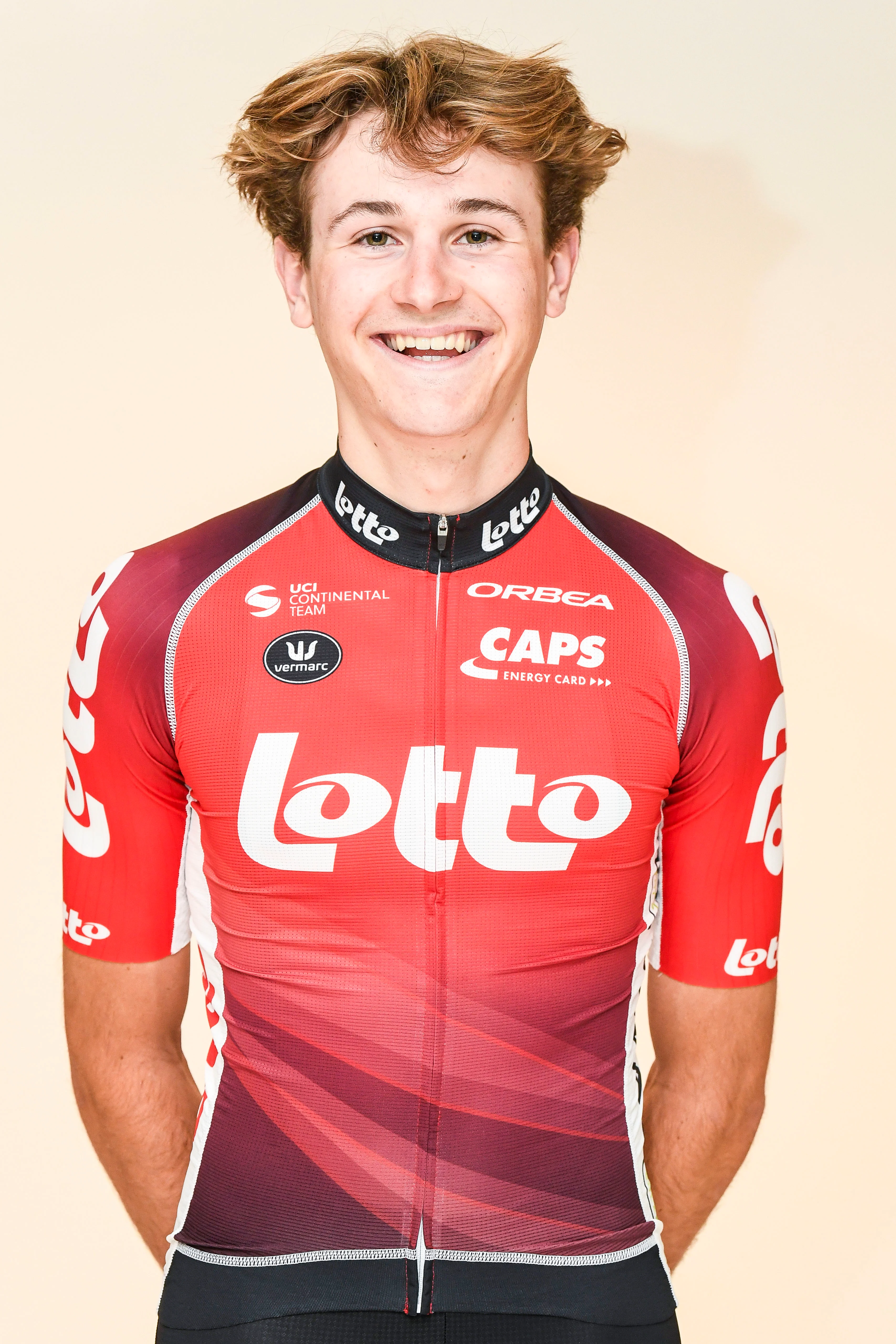 Belgian Aldo Taillieu poses for the photographer during the Lotto Cycling Team media day, in Temse, Friday 03 January 2025. BELGA PHOTO GOYVAERTS