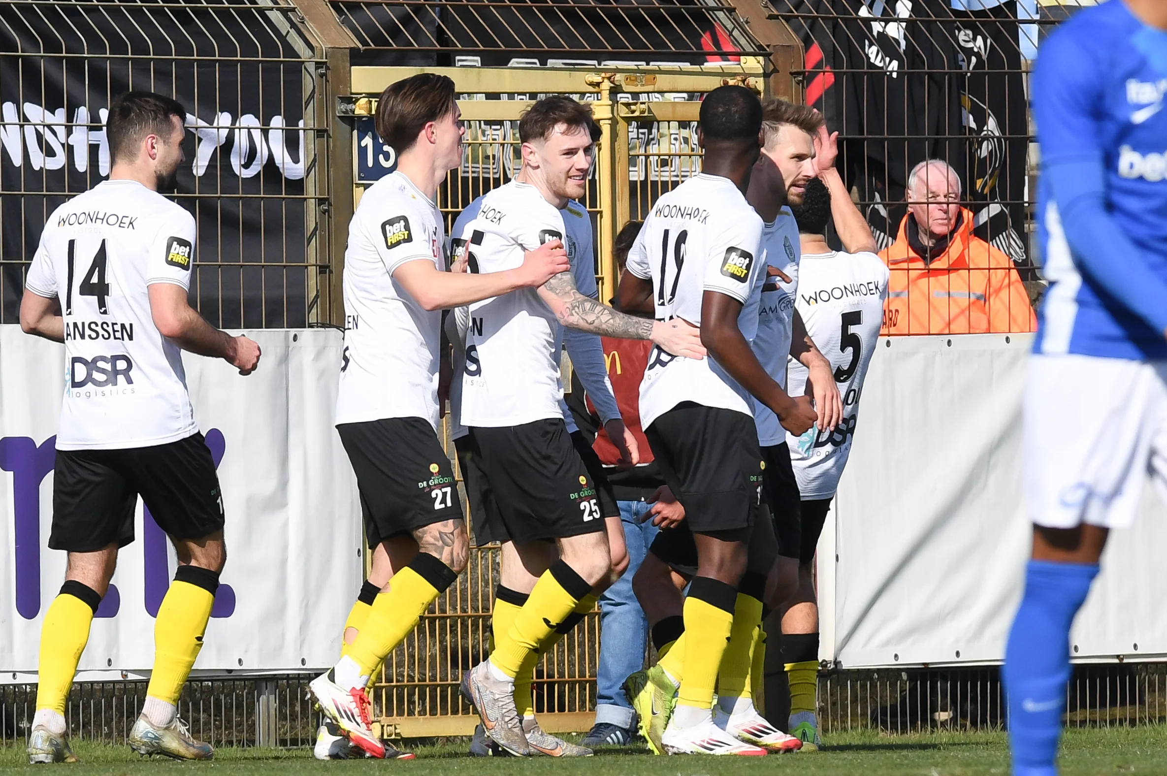 Lokeren's Sebastiaan Brebels celebrates after scoring during a soccer match between Jong Genk and Lokeren-Temse, in Genk, on day 24 of the 2024-2025 'Challenger Pro League' 1B second division of the Belgian championship, Sunday 02 March 2025. BELGA PHOTO JILL DELSAUX