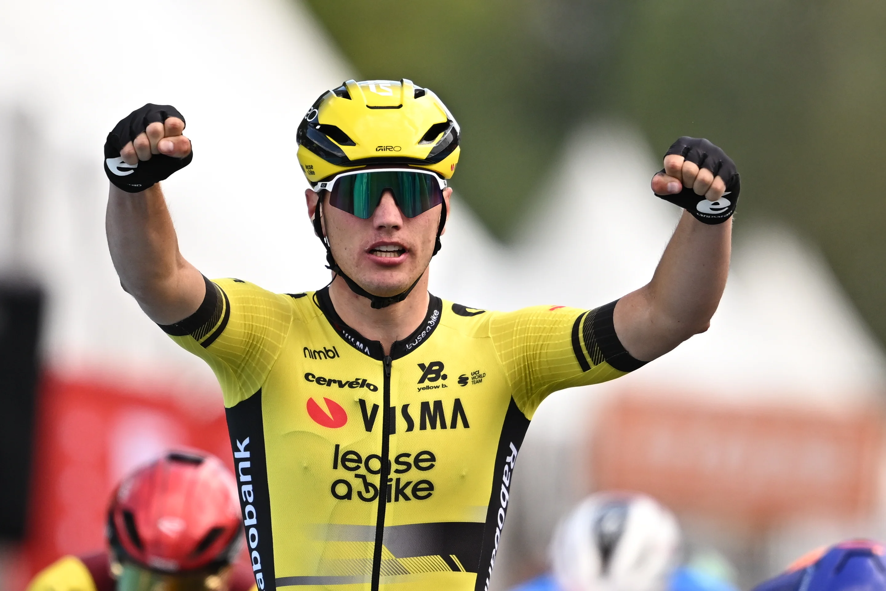 Dutch Olav Kooij of Team Visma-Lease a Bike celebrates after winning the second stage of the 'Renewi Tour' multi-stage cycling race, from Blankenberge to Ardooie (169,4 km) on Thursday 21 August 2025. The five-day race takes place in Belgium and the Netherlands. BELGA PHOTO DAVID PINTENS