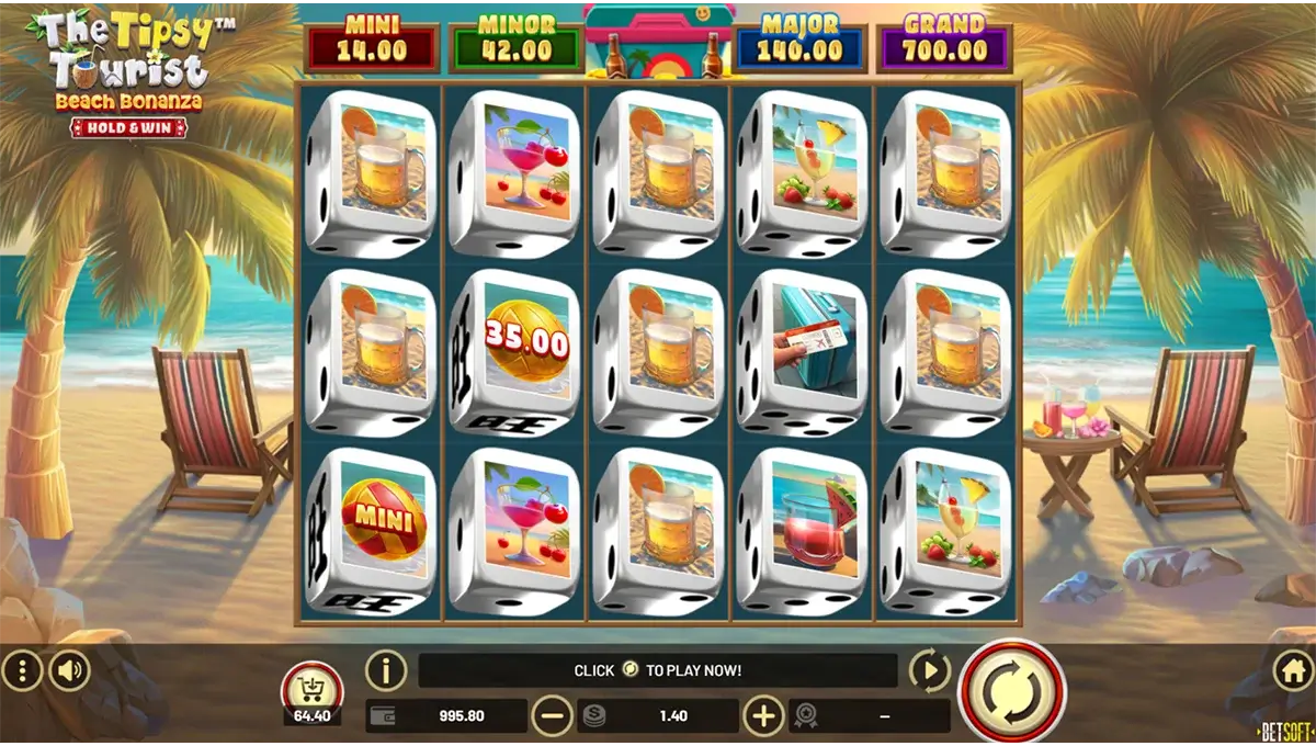 Screenshot van The Tipsy Tourist Beach Bonanza, een zomerse slot van Betsoft met strand, cocktails en leuke bonusfuncties