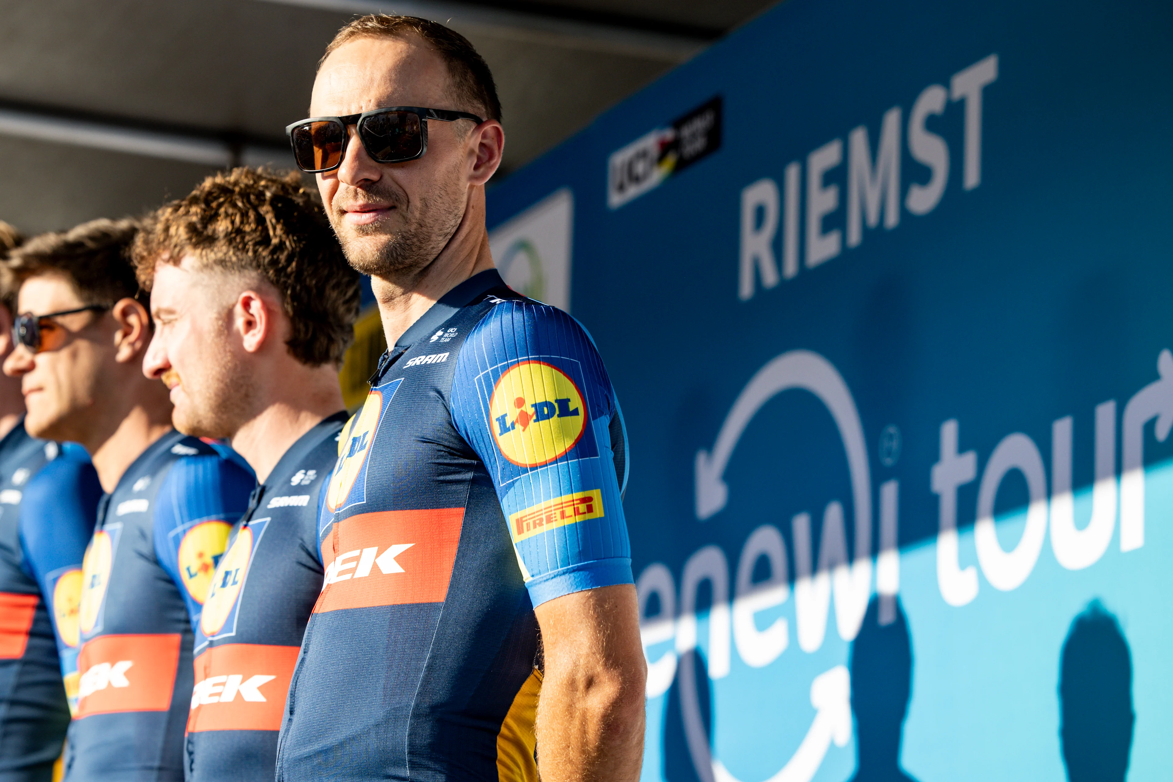 Belgian Edward Theuns of Lidl-Trek pictured during the presentation of the teams ahead of the 'Renewi Tour' multi-stage cycling race starting tomorrow, on Tuesday 27 August 2024. The five-day race takes place in Belgium and the Netherlands.  BELGA PHOTO DAVID PINTENS