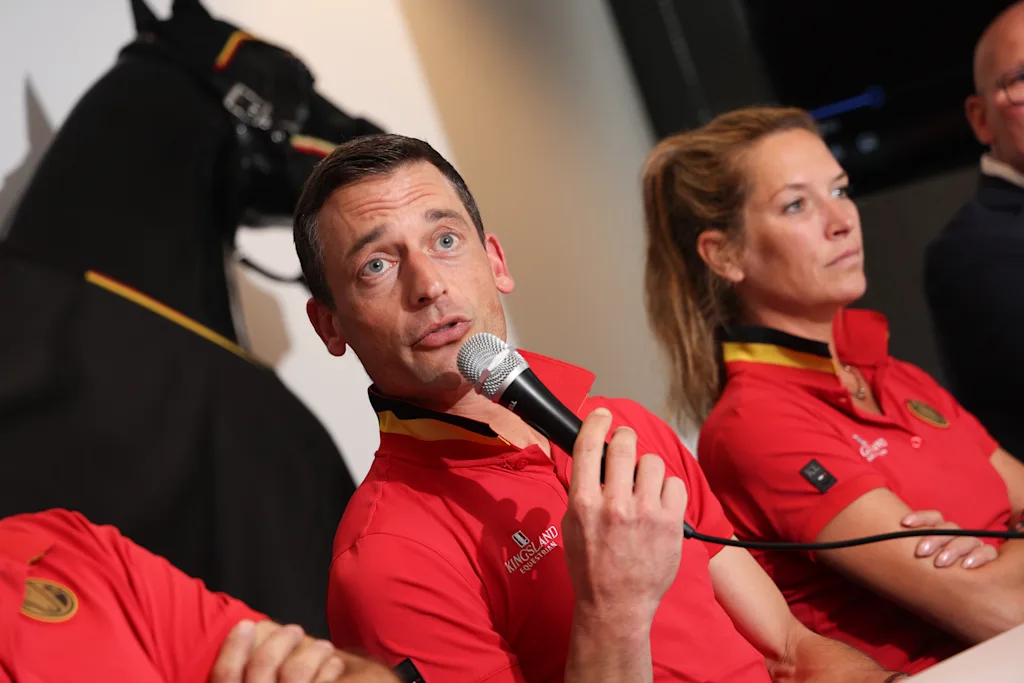 Belgian Wim Verwimp, Belgian Justin Verboomen and Belgian Larissa Paulius pictured during a press moment of the 'Red Musketeers' riders that will compete at the upcoming World Championships, on Monday 27 July 2026 in Zaventem. The FEI World Championships will take place in Aachen, Germany from 11 to 23 August. BELGA PHOTO VIRGINIE LEFOUR