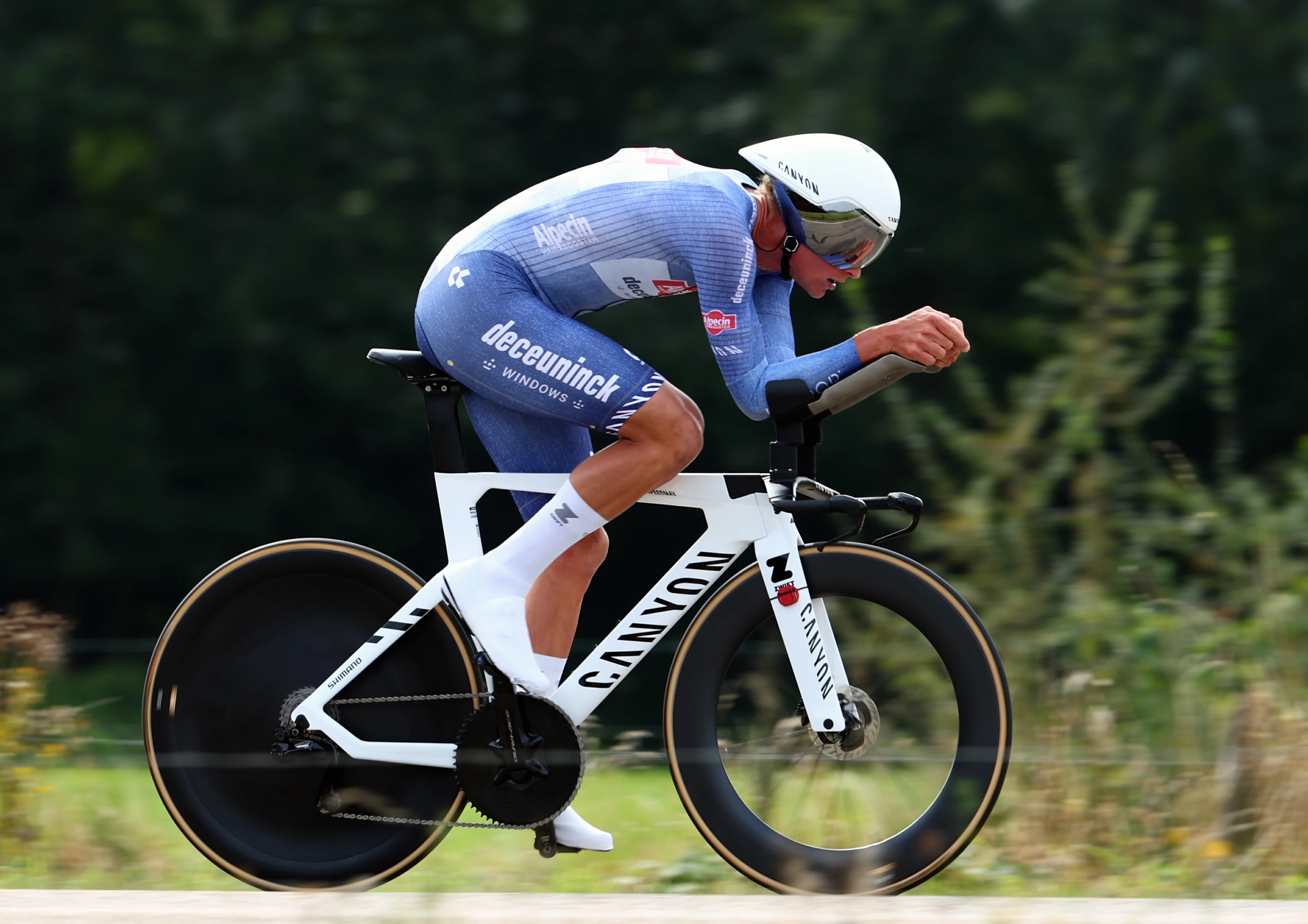 Dutch Mathieu van der Poel of Alpecin-Deceuninck pictured in action during stage two of the 'Renewi Tour' multi-stage cycling race, a 15,4km time trial in Tessenderlo on Thursday 29 August 2024. The five-day race takes place in Belgium and the Netherlands. BELGA PHOTO DAVID PINTENS