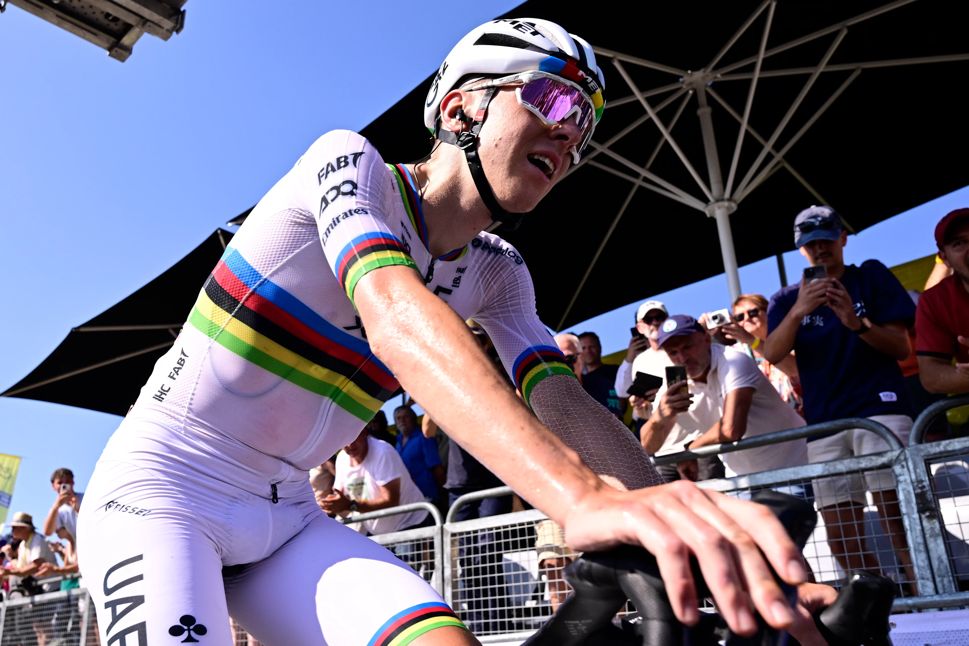 Slovenian Tadej Pogacar of UAE Team Emirates celebrates after winning stage 12 of the 2025 Tour de France cycling, from Auch to Hautacam (181 km), on Thursday 17 July 2025 in France. The 112th edition of the Tour de France starts on Saturday 5 July in Lille, France, and will finish in Paris, France on the 27th of July. BELGA PHOTO DIRK WAEM
