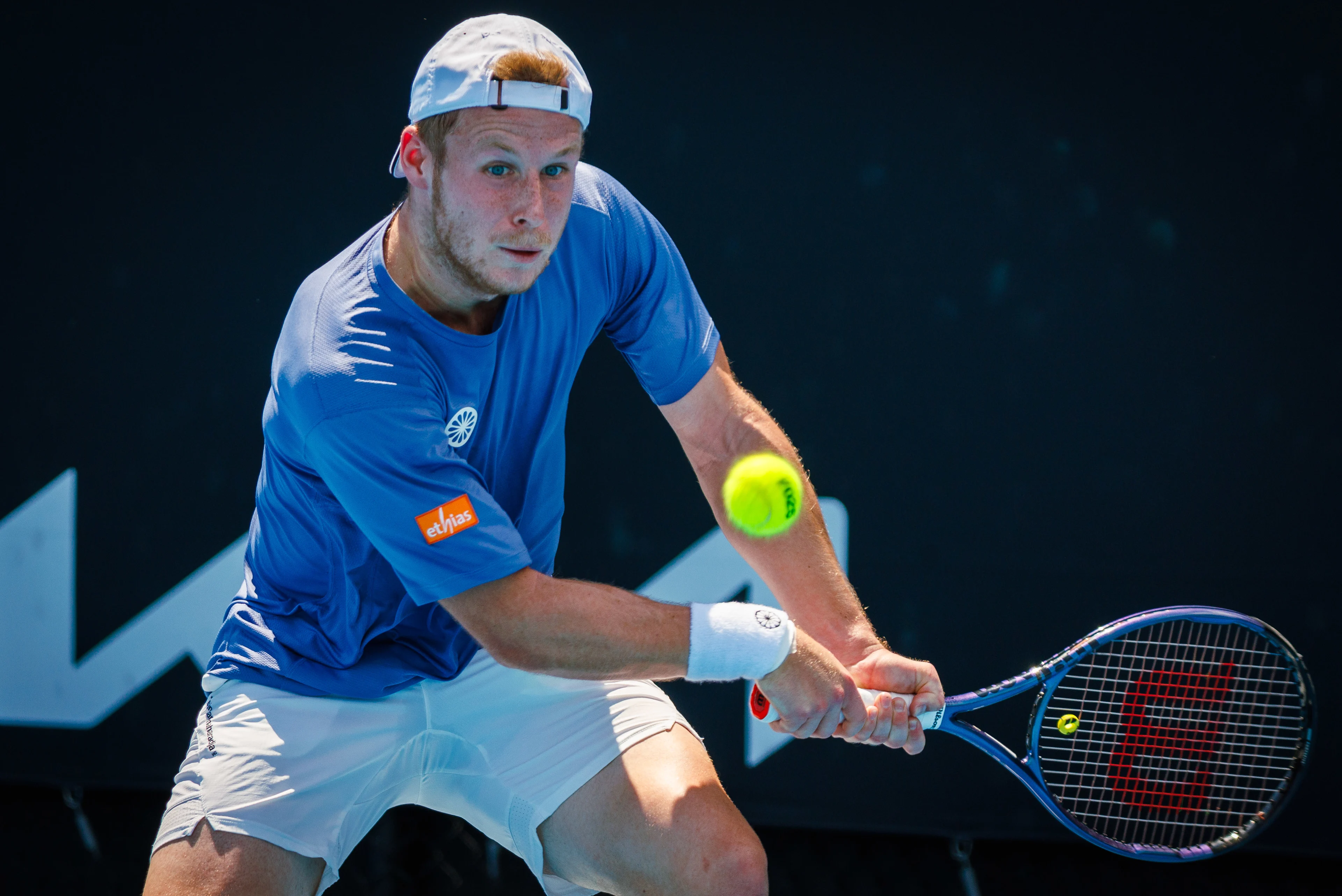 Belgian Gauthier Onclin pictured in action during a men's qualifying singles second round game between Belgian Onclin and American Kovacevic, at the 'Australian Open' Grand Slam tennis tournament, Wednesday 08 January 2025 in Melbourne Park, Melbourne, Australia. The 2024 edition of the Australian Grand Slam takes place from January 14th to January 28th. Onclin won his second game 6-3, 7-6, 6-1. BELGA PHOTO PATRICK HAMILTON