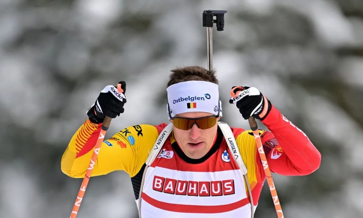 Belgium's Thierry Langer competes in the men's 10 km sprint event of the IBU Biathlon World Cup in Hochfilzen, Austria, on December 8, 2023.  Joe Klamar / AFP