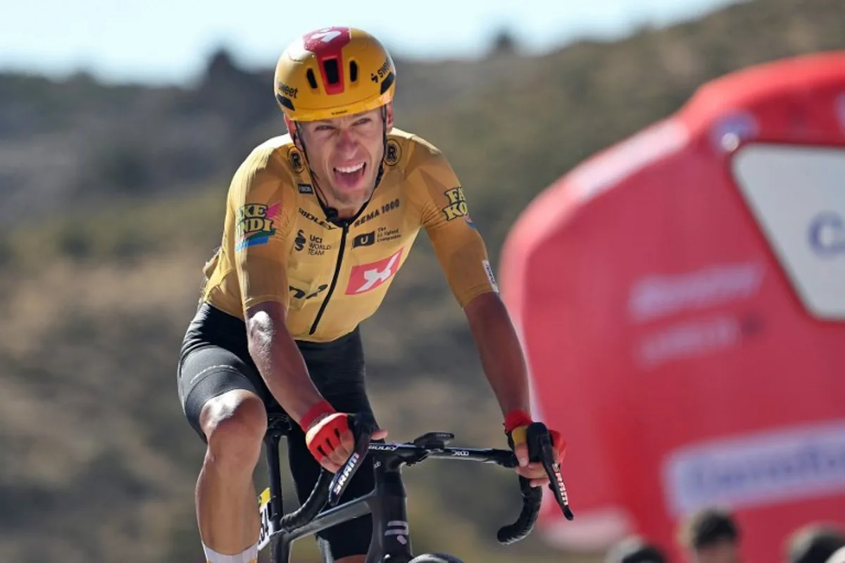 Team Uno-X's Norwegian rider Tobias Johannessen approaches the finish line during the 20th stage of the Vuelta a Espana 2026 cycling tour, a 186,8 km race between La Calahorra and Collado del Alguacil, on September 12, 2026.   JORGE GUERRERO / AFP