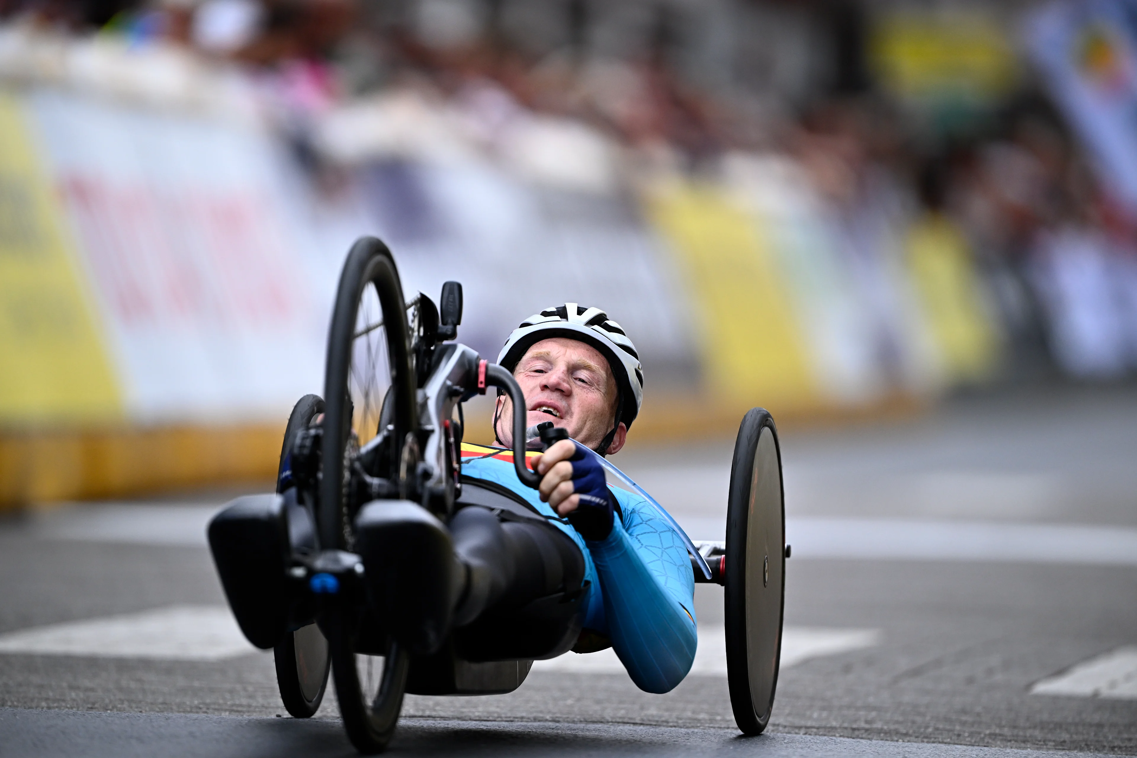 Belgium Marvin Odent (MH3) crosses the finish line of the road race at the UCI Para-cycling Road World Championships, Saturday 30 August 2025, in Ronse. The UCI Para-Cycling Road World Championships take place from 28 to 31 Augustus in Ronse. BELGA PHOTO JASPER JACOBS