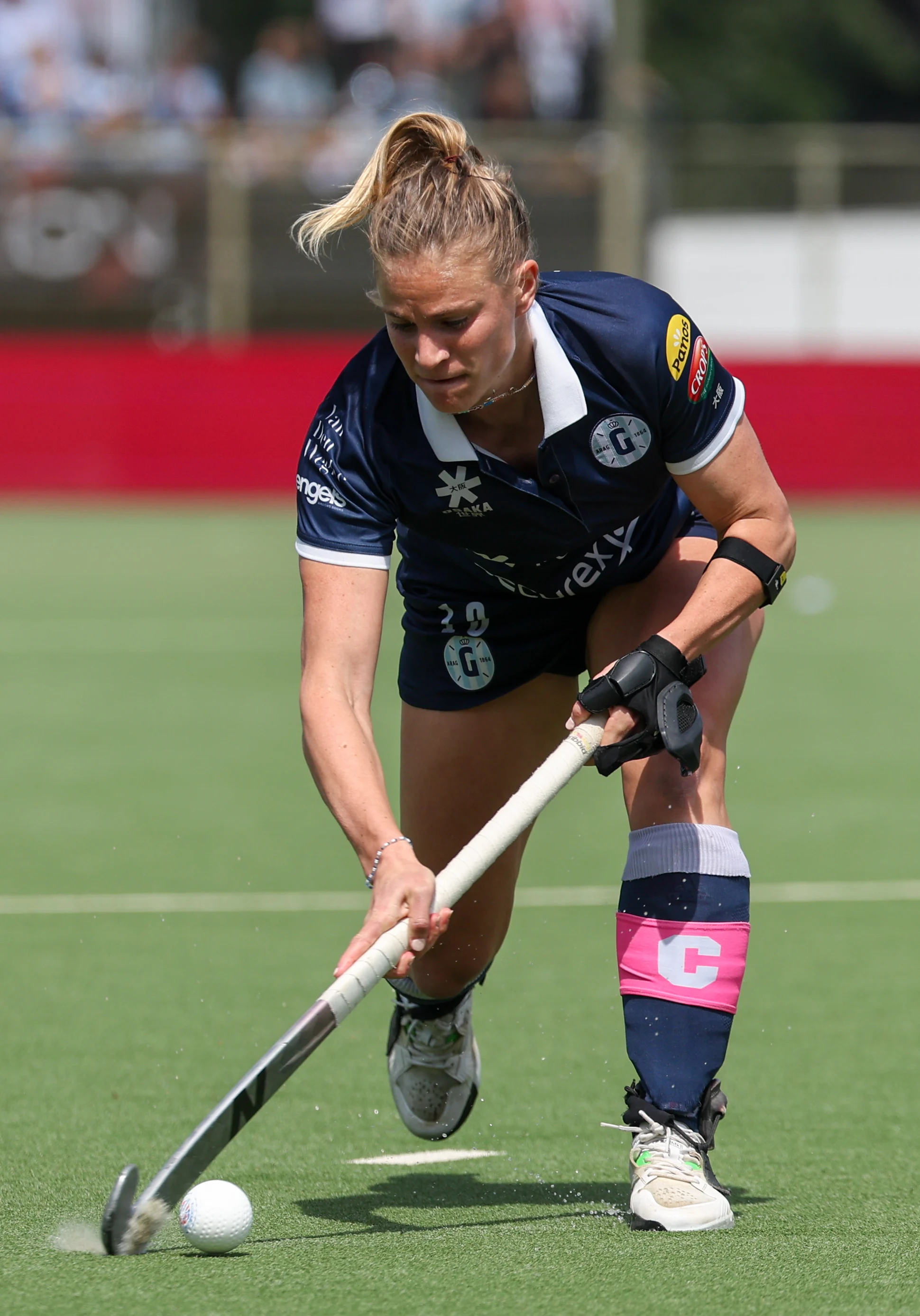 Gantoise's Alix Gerniers pictured in action during a hockey game between Gantoise and Braxgata, Sunday 12 May 2024 in Antwerp, the return leg of the finals of the playoffs in the Belgian Hockey League women during the 2023-2024 season. BELGA PHOTO VIRGINIE LEFOUR