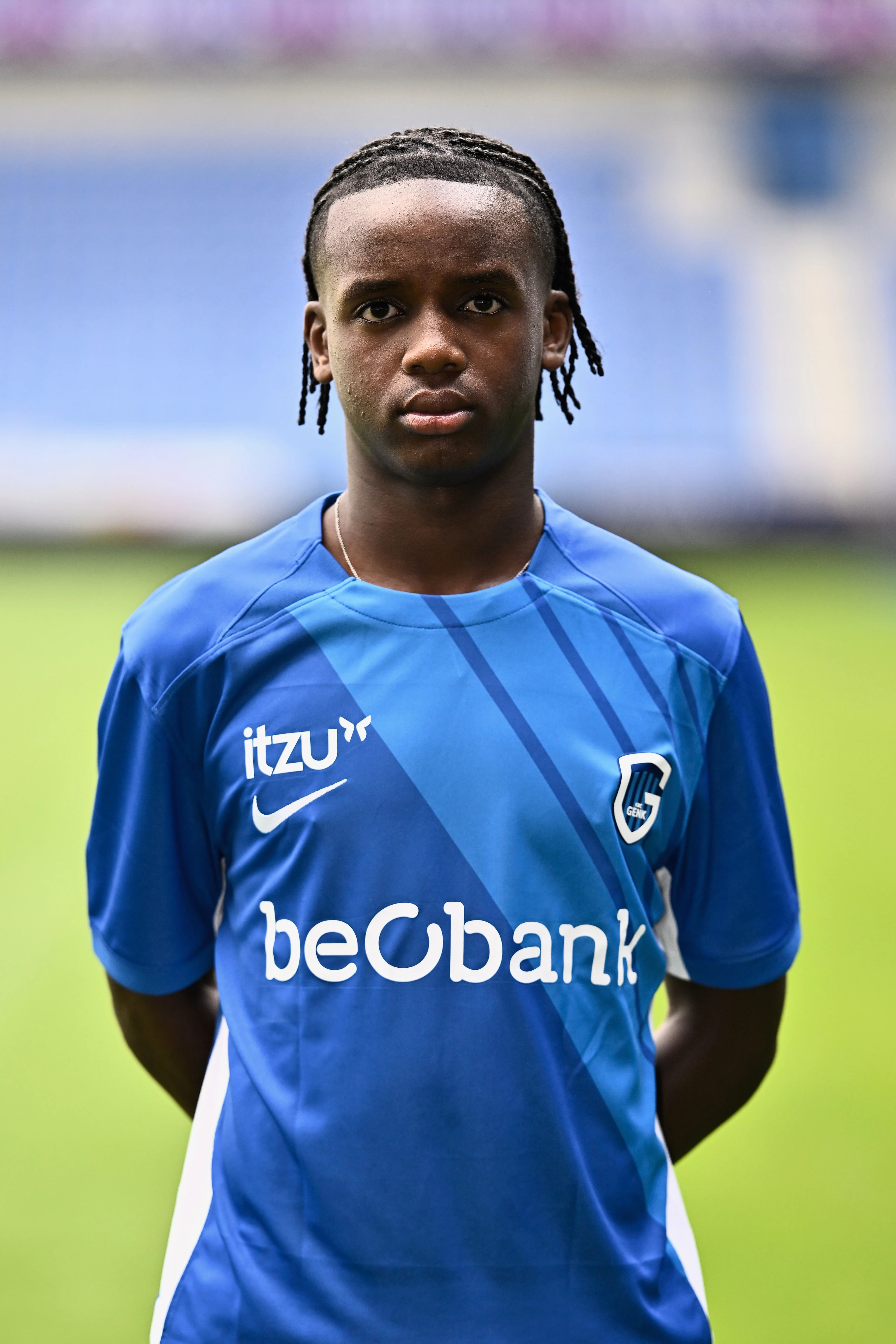Jong Genk's Aaron Niyibizi Murenzi poses for a portrait at the 2024-2025 season photoshoot of Belgian Challenger Pro League team Jong Genk (U23), Tuesday 16 July 2024 in Genk. BELGA PHOTO JOHAN EYCKENS