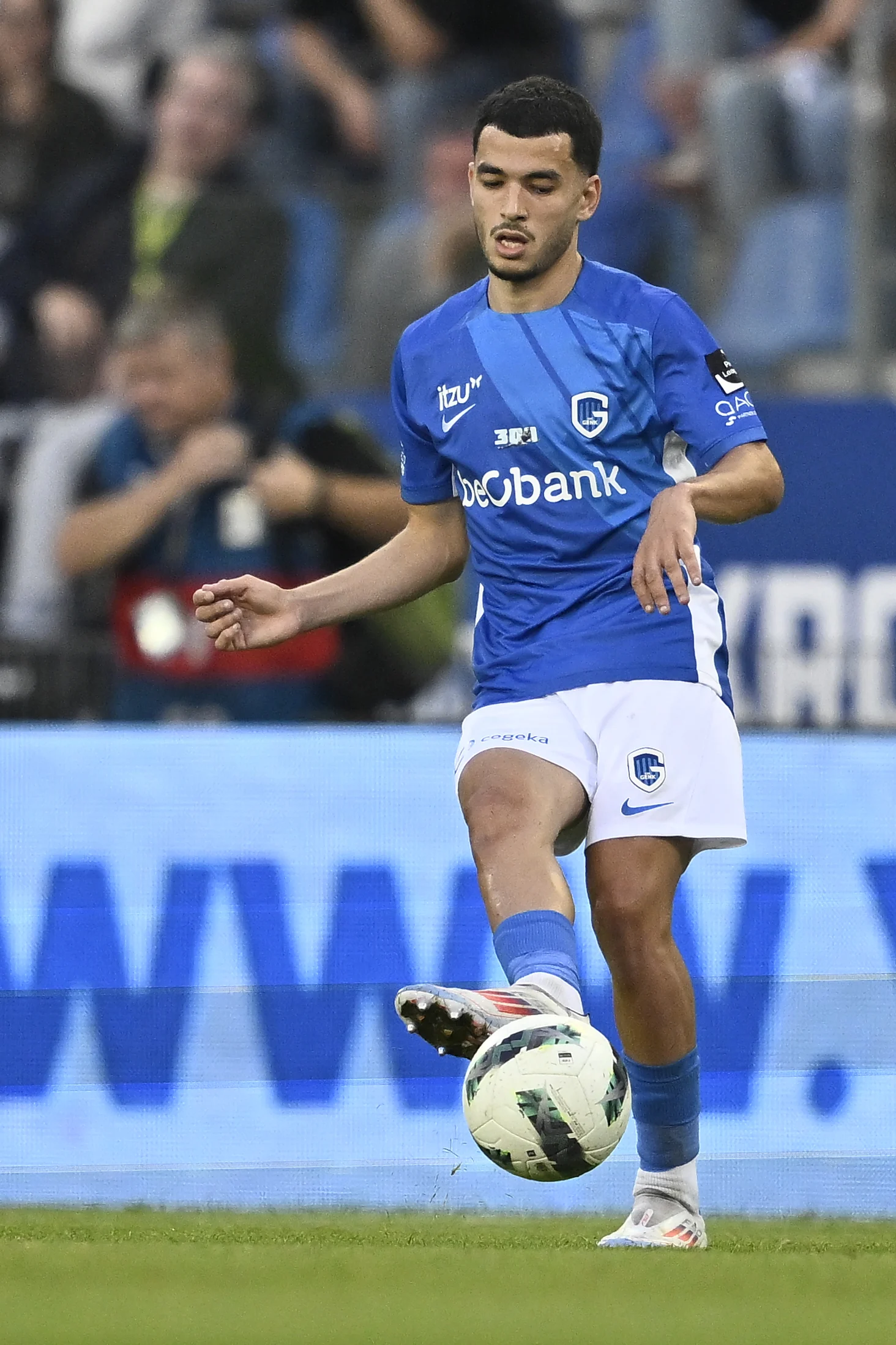 Genk's Zakaria El Ouahdi pictured in action during a soccer match between KRC Genk and FCV Dender EH, Sunday 22 September 2024 in Genk, on day 8 of the 2024-2025 season of the 'Jupiler Pro League' first division of the Belgian championship. BELGA PHOTO JOHAN EYCKENS