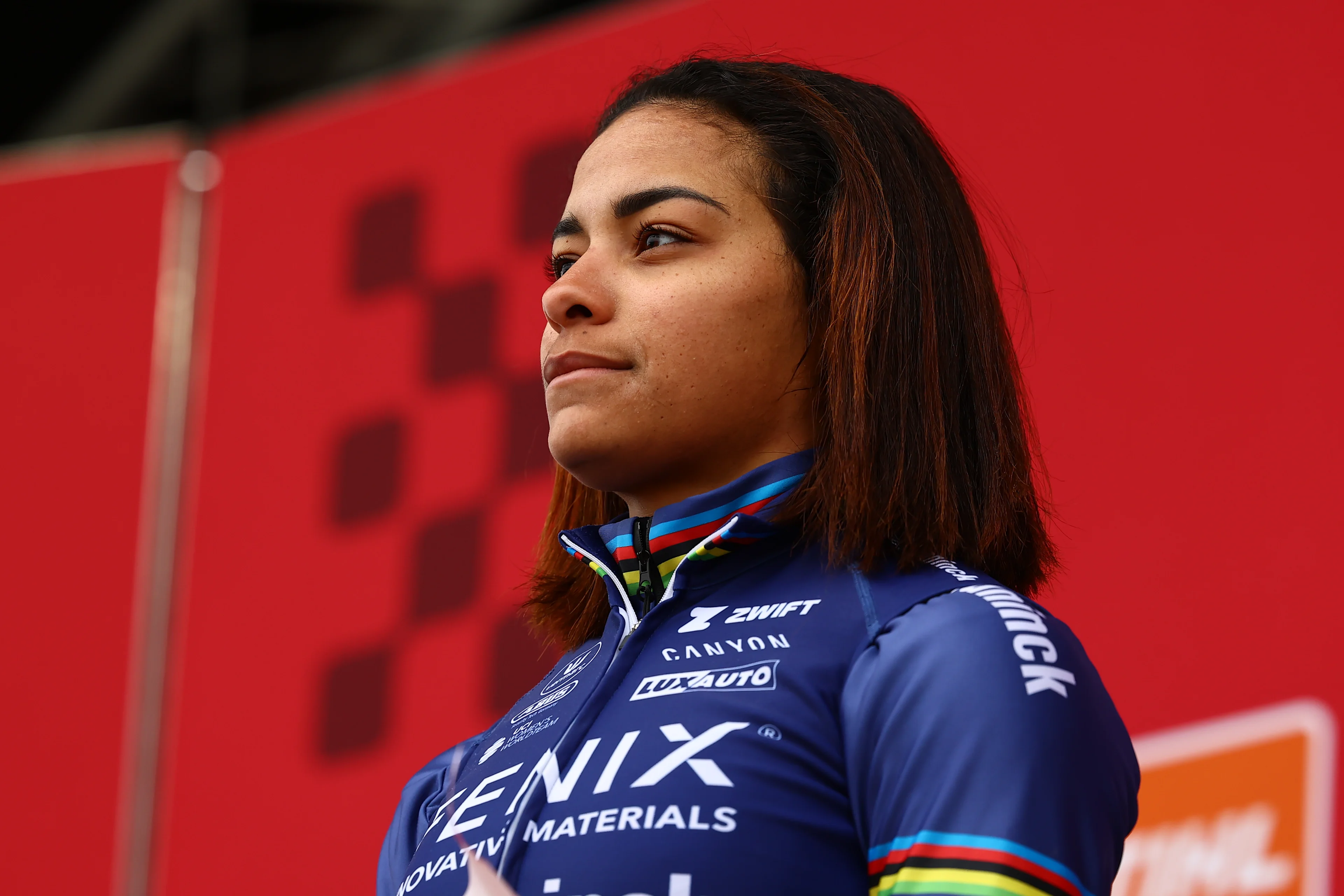 Dutch Ceylin Del Carmen Alvarado celebrates on the podium after winning the women's elite race at the World Cup cyclocross cycling event in Namur, Belgium, stage 4 (out of 12) of the UCI World Cup cyclocross competition, Sunday 15 December 2024. BELGA PHOTO DAVID PINTENS