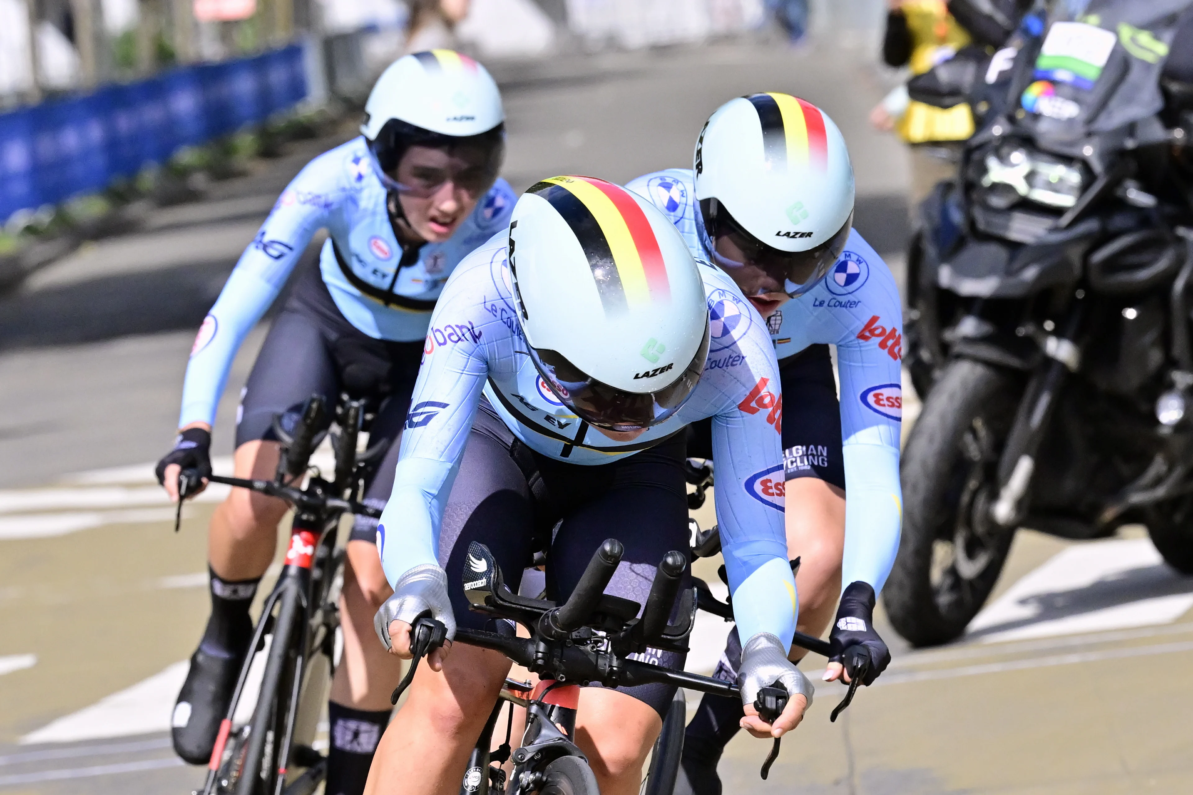 Belgium Female Team Ilken Seynave, Luca Vierstraete and Julie Vlyminck pictured in action during the time trial mixed relay juniors at the European Championship 2024, in Hasselt, Thursday 12 September 2024. The UEC Road European Championships 2024 will take place from 11 to 15 september in Limburg, Belgium. BELGA PHOTO DIRK WAEM