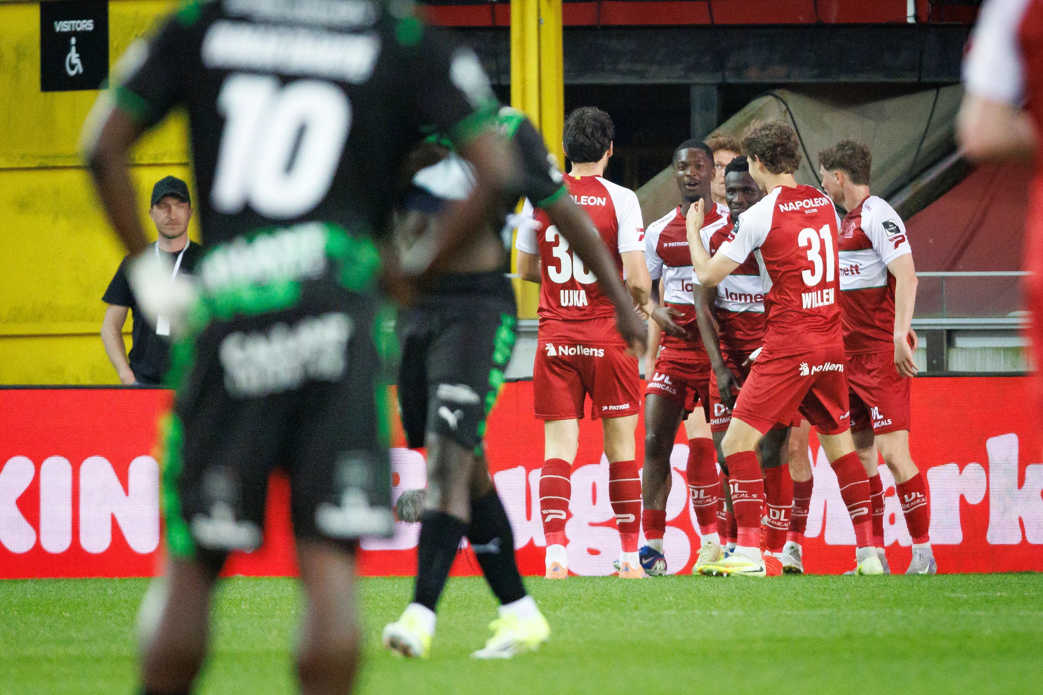 Essevee's Joseph Opoku celebrates after scoring during a soccer match between Cercle Brugge KSV and SV Zulte Waregem, Friday 01 May 2026 in Brugge, on day five of the Relegation Play-offs of the 2025-2026 'Jupiler Pro League' first division of the Belgian championship. BELGA PHOTO KURT DESPLENTER