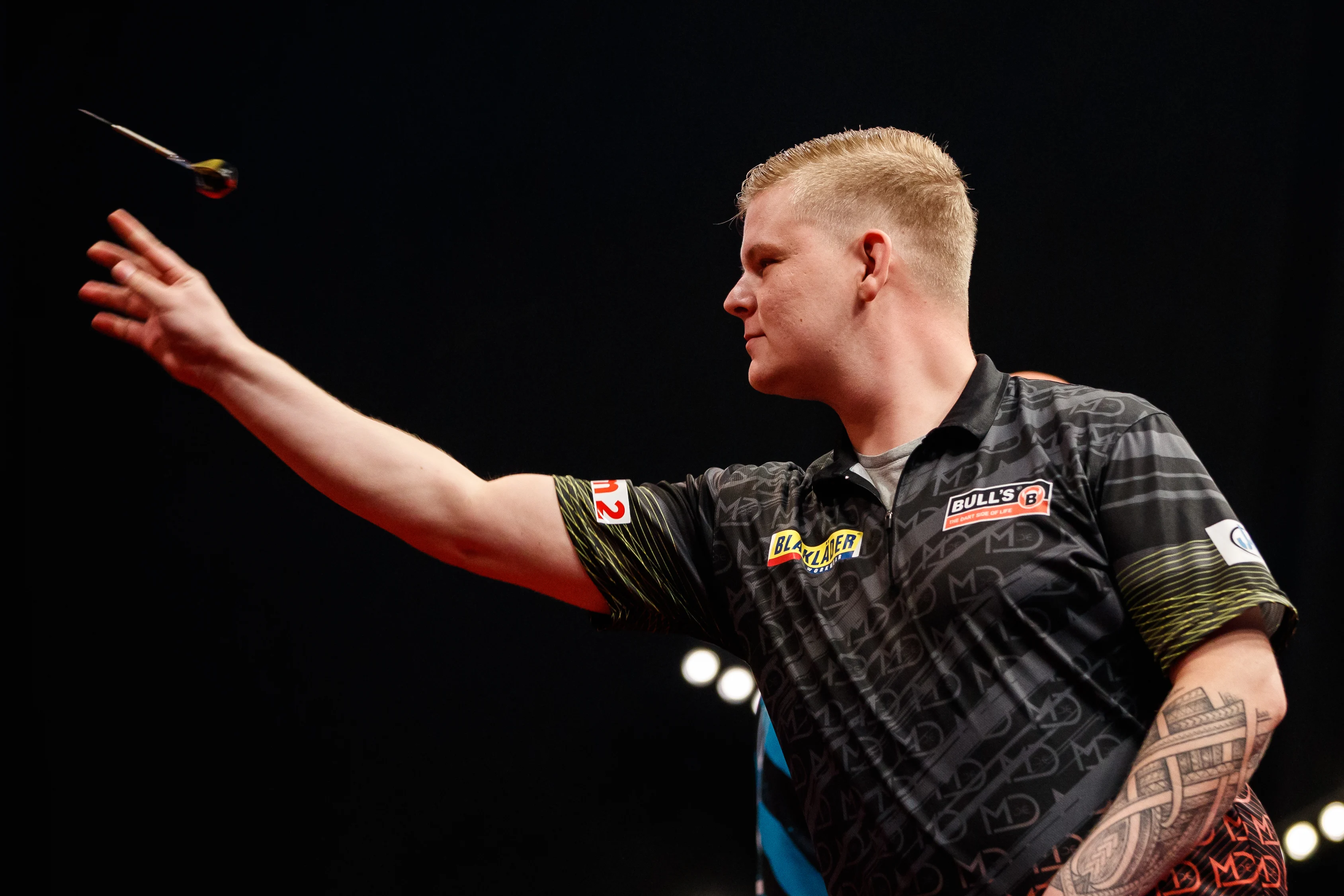 Belgian Mike De Decker pictured in action during the second day of the Belgian Darts Open, a tournament in the European Tour that takes places from September 23 until September 25 in Wieze, Saturday 24 September 2022. BELGA PHOTO JEF MATTHEE