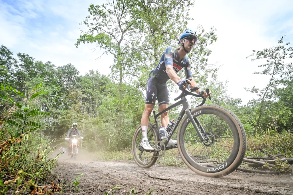 Belgian Tim Merlier of Soudal Quick-Step is pictured in action during the elite race at the Belgian Gravel Championships, Sunday 16 August 2026 in Grobbendonk. BELGA PHOTO ELIAS ROM