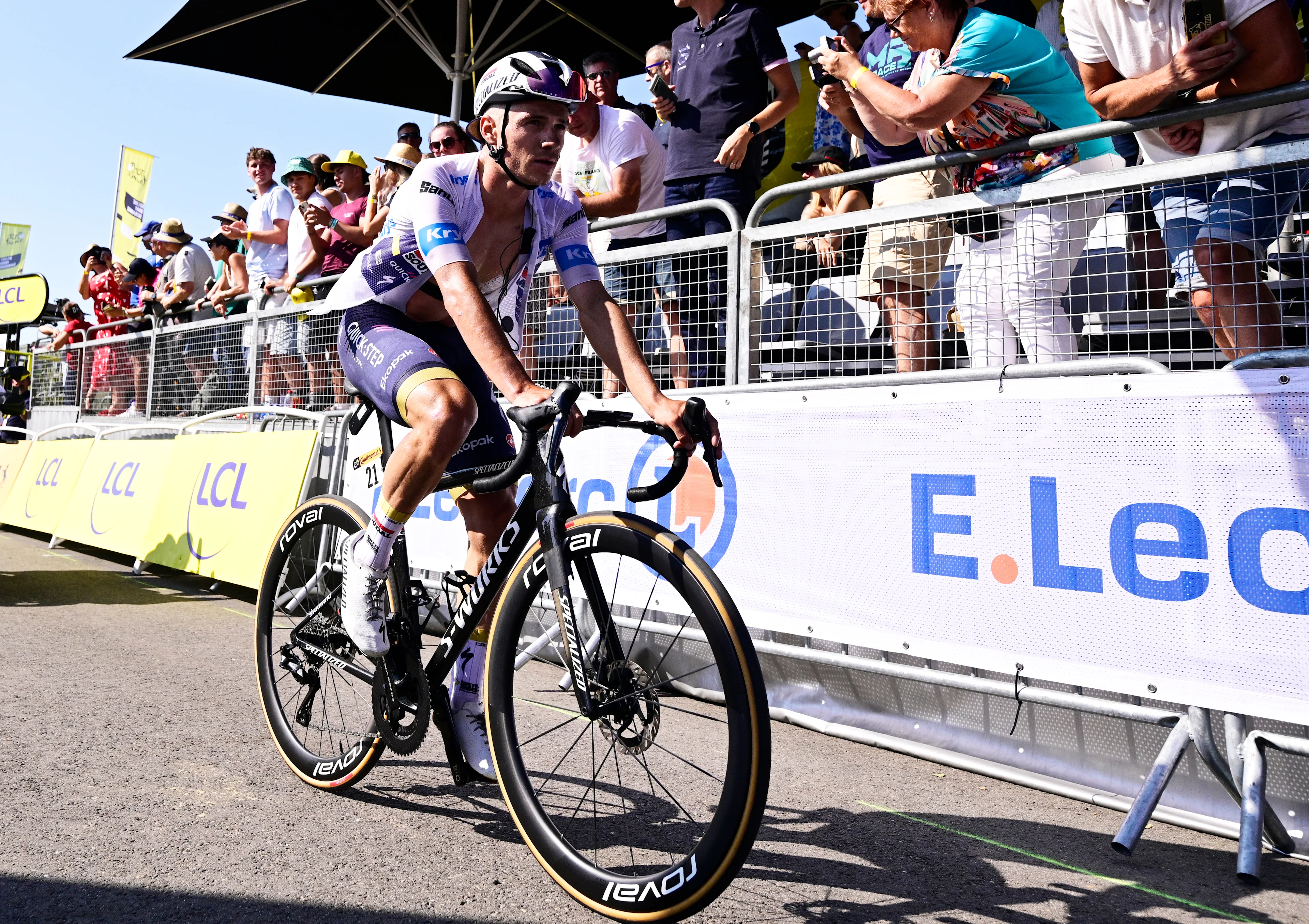 Belgian Remco Evenepoel of Soudal Quick-Step crosses the finish line of stage 12 of the 2025 Tour de France cycling, from Auch to Hautacam (181 km), on Thursday 17 July 2025 in France. The 112th edition of the Tour de France starts on Saturday 5 July in Lille, France, and will finish in Paris, France on the 27th of July. BELGA PHOTO DIRK WAEM
