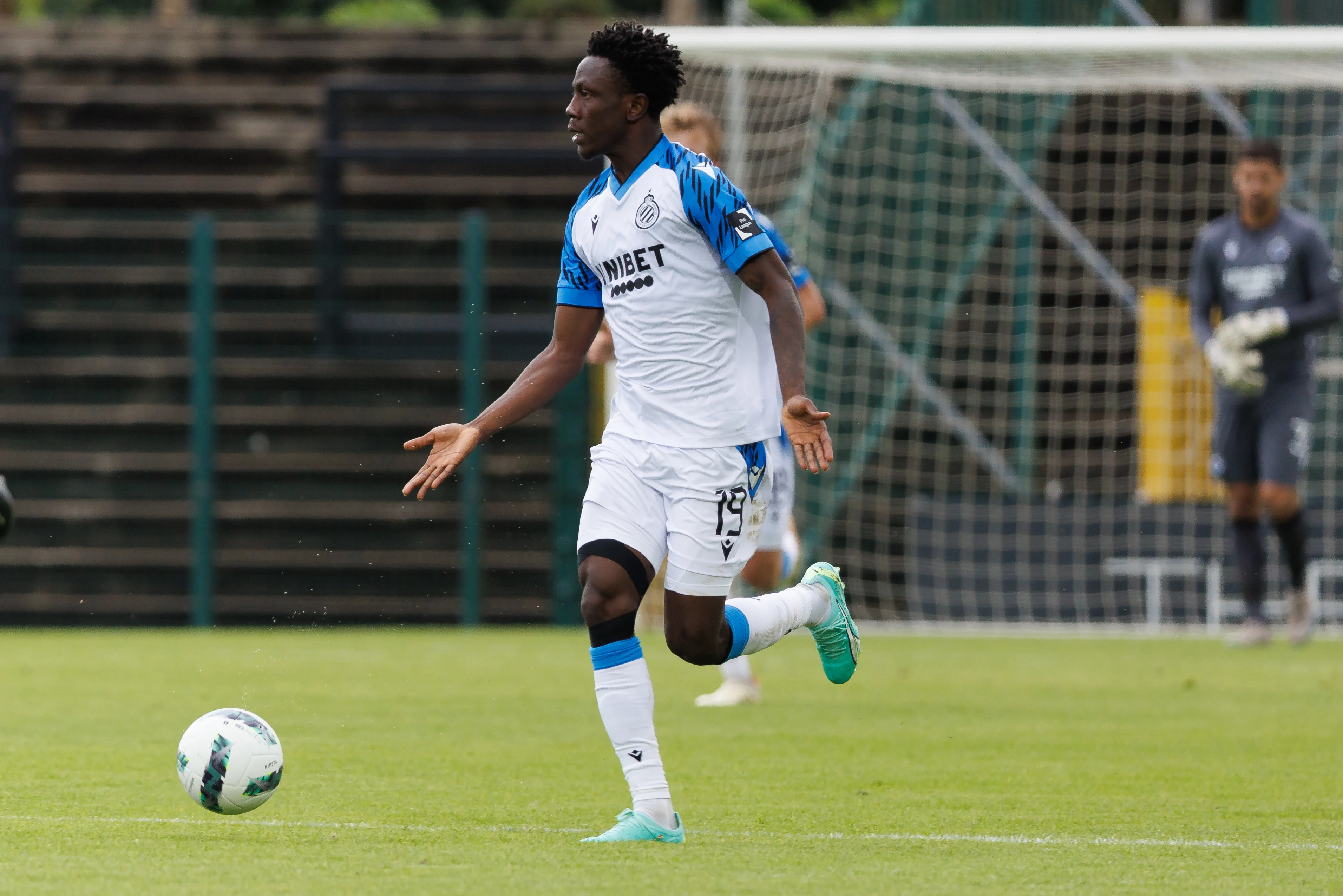 Club's Kamal Sowah pictured in action during a friendly soccer match between SV Zulte Waregem and Club Brugge KV, Saturday 01 July 2023 in Roeselare, in preparation of the upcoming 2023-2024 season. BELGA PHOTO KURT DESPLENTER