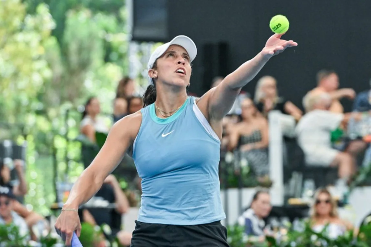 USA's Madison Keys serves against Russia's Liudmila Samsonova during their women's singles semi-final match at the Adelaide International tennis tournament in Adelaide on January 10, 2025.  Brenton Edwards / AFP